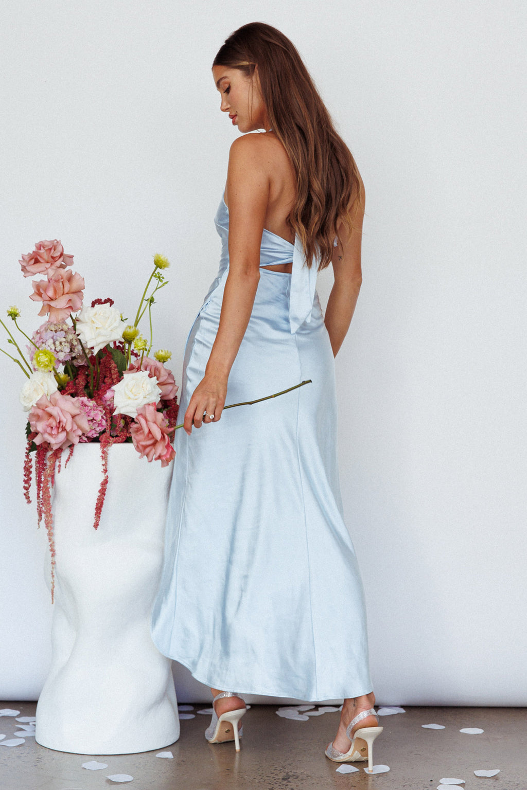 Sonoma Halterneck Faux Wrap Twist Back Maxi Dress Steel Blue by Selfie Leslie Australia