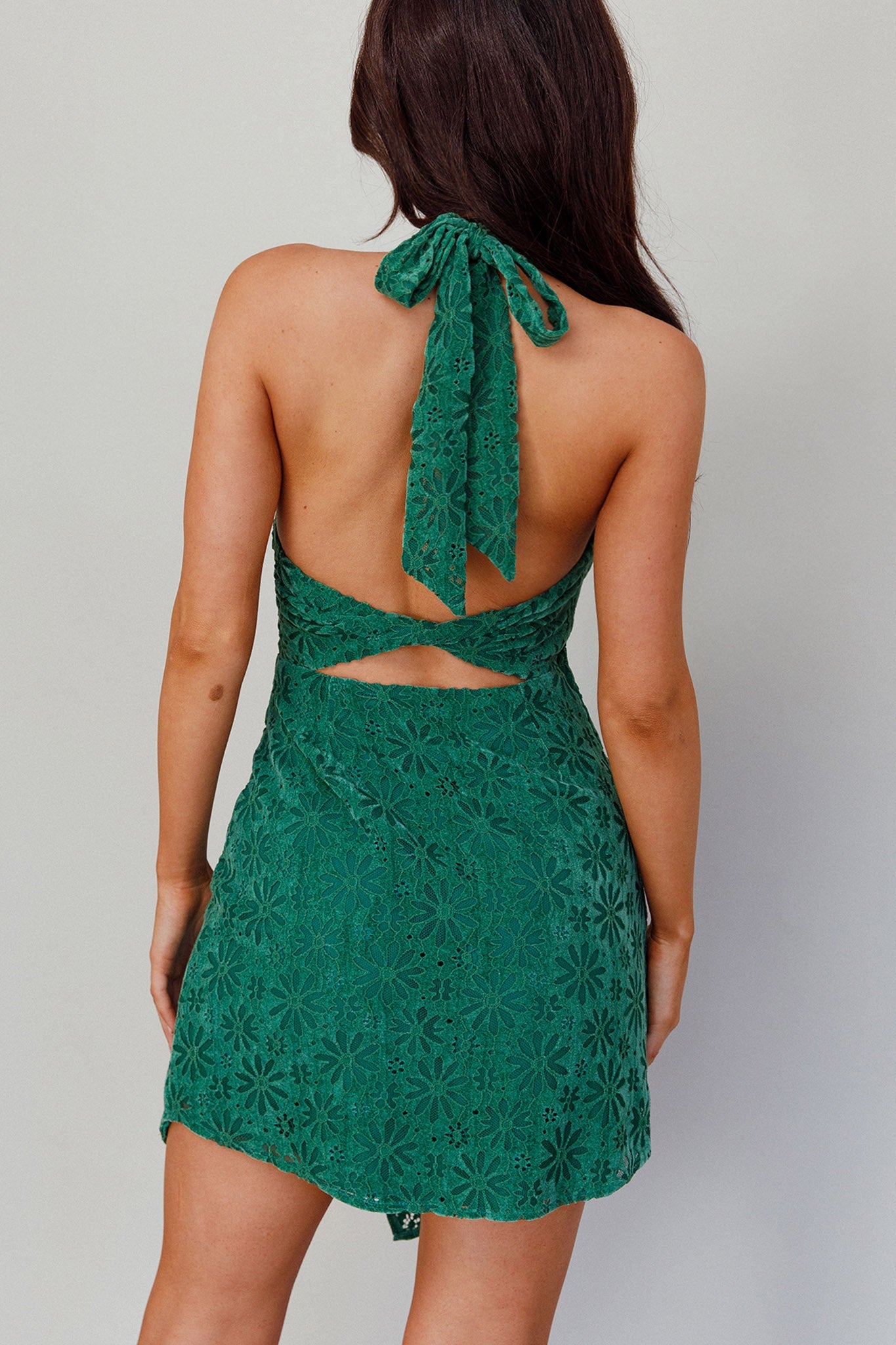 Sonoma Halterneck Faux Wrap Mesh Mini Dress Floral Green by Selfie Leslie
