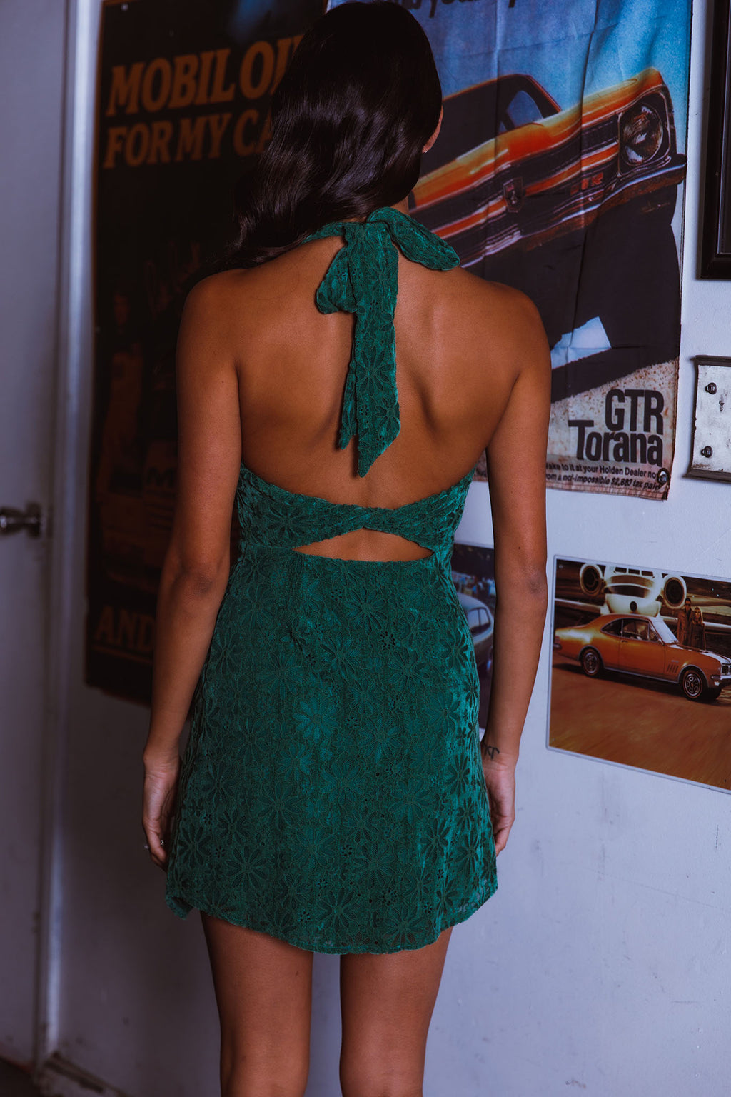 Sonoma Halterneck Faux Wrap Mesh Mini Dress Floral Green by Selfie Leslie