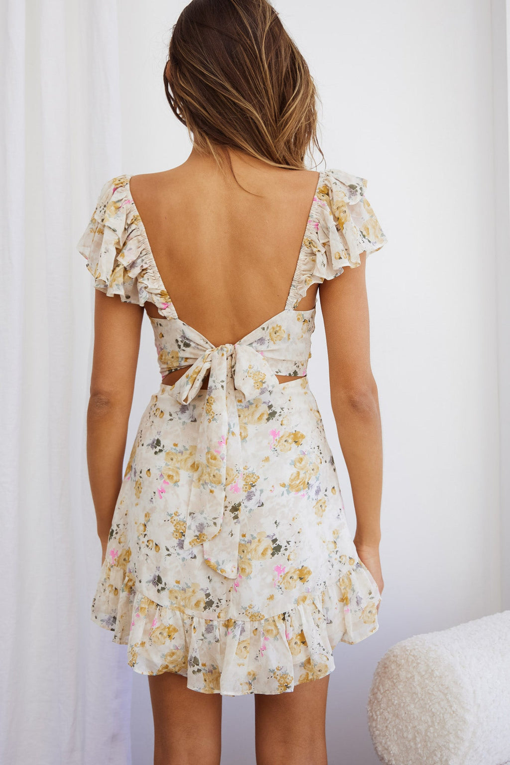 Lazy Sunday Frill Shoulder Tie-Up Back Dress Floral Print Beige by Selfie Leslie