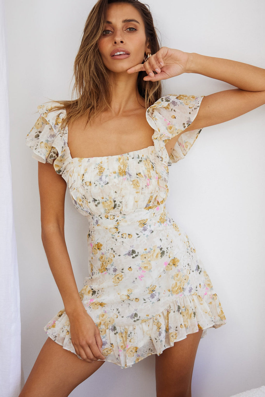 Lazy Sunday Frill Shoulder Tie-Up Back Dress Floral Print Beige by Selfie Leslie