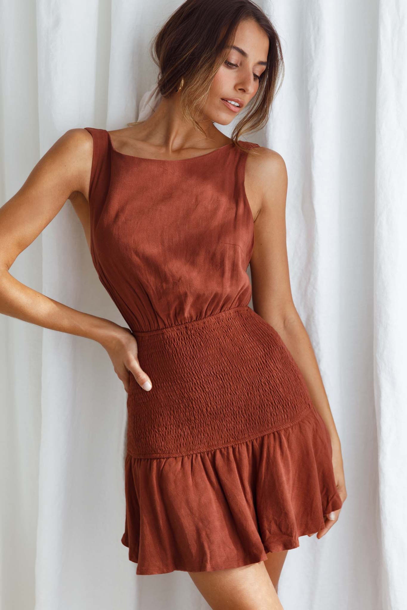 Antonine Elasticated Straps Shirred Waist Mini Dress Cinnamon by Selfie Leslie