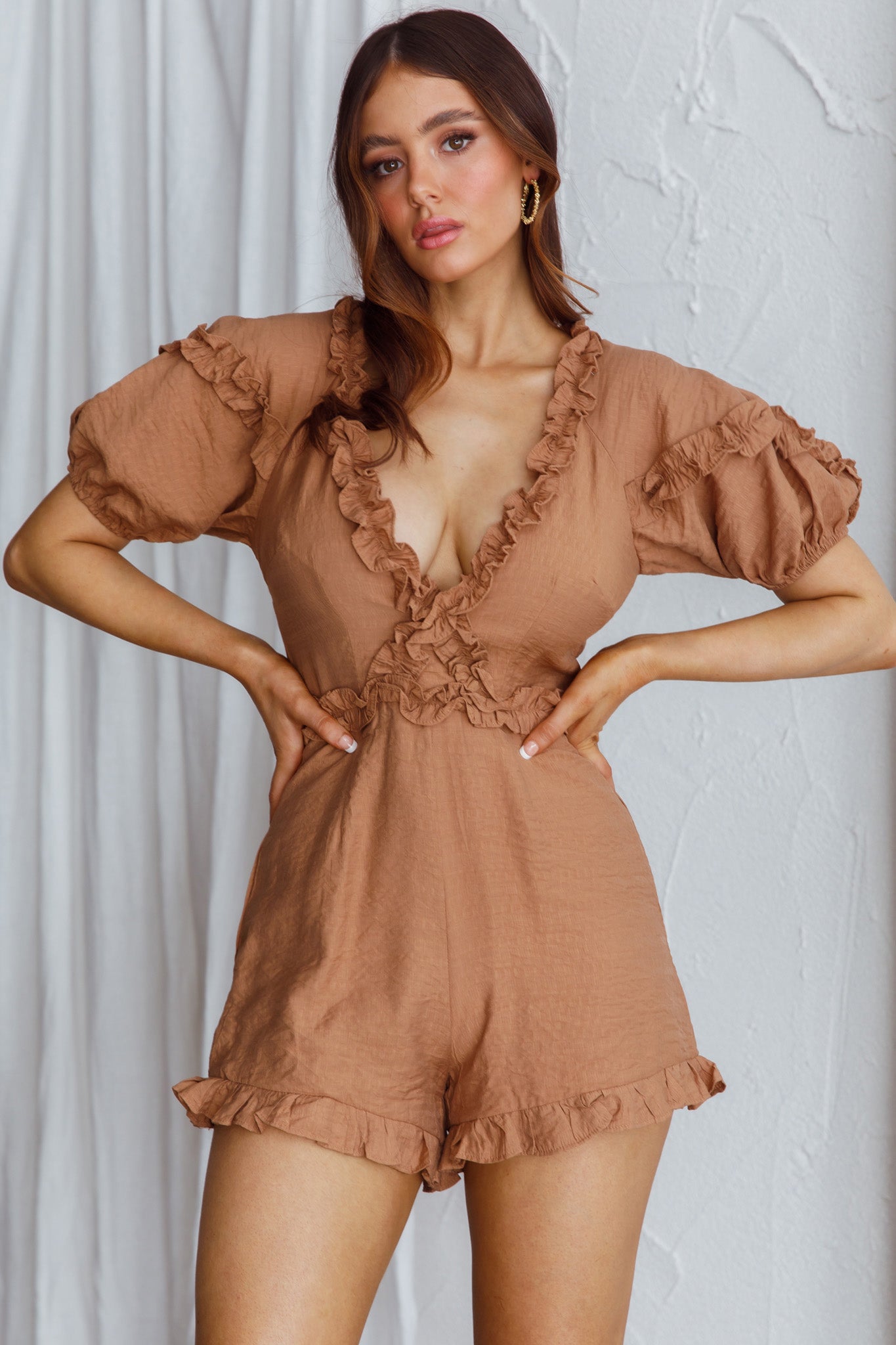 Galatia Frill Trim Puff Sleeve Romper Tan by Selfie Leslie