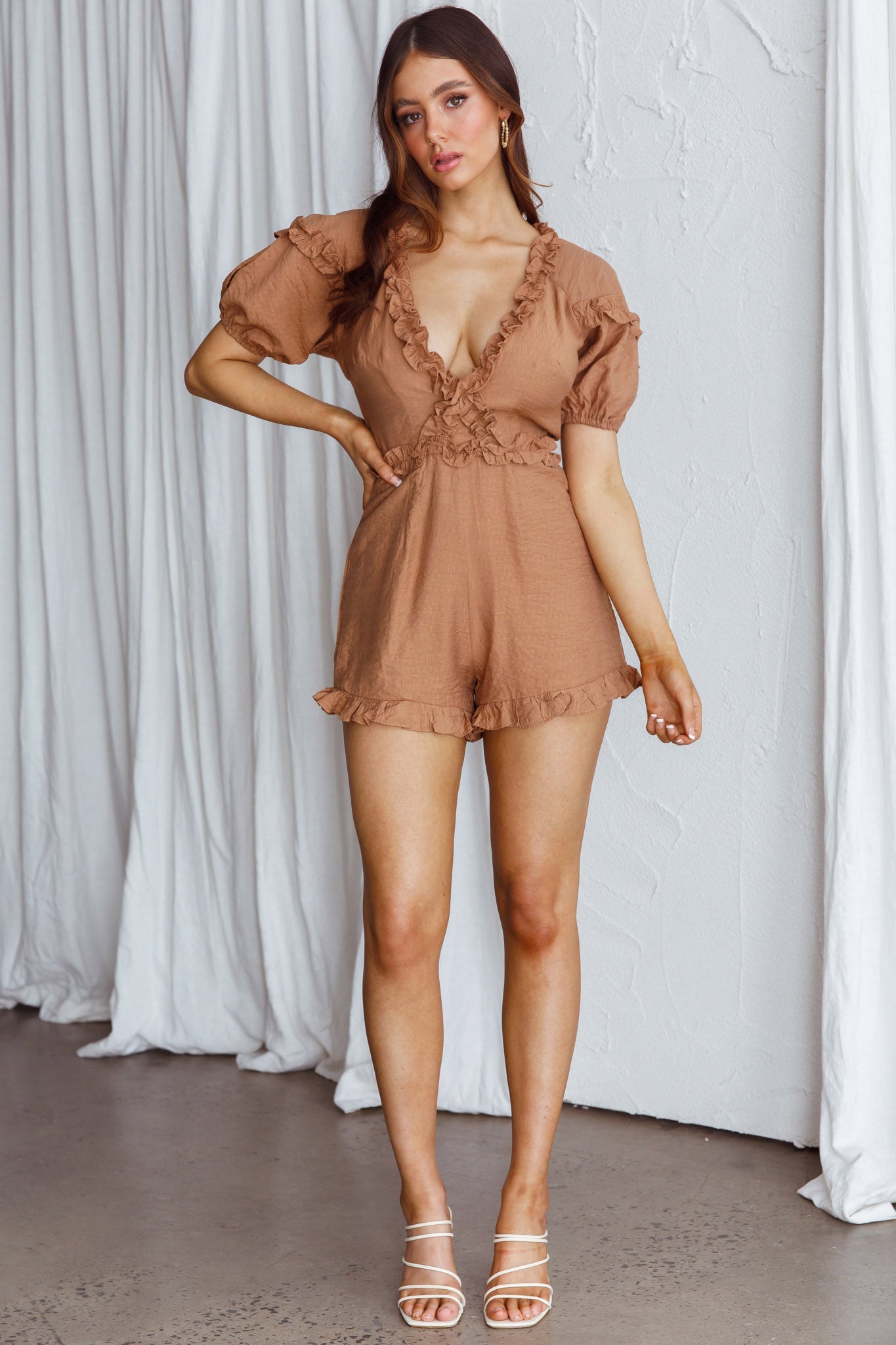 Galatia Frill Trim Puff Sleeve Romper Tan by Selfie Leslie