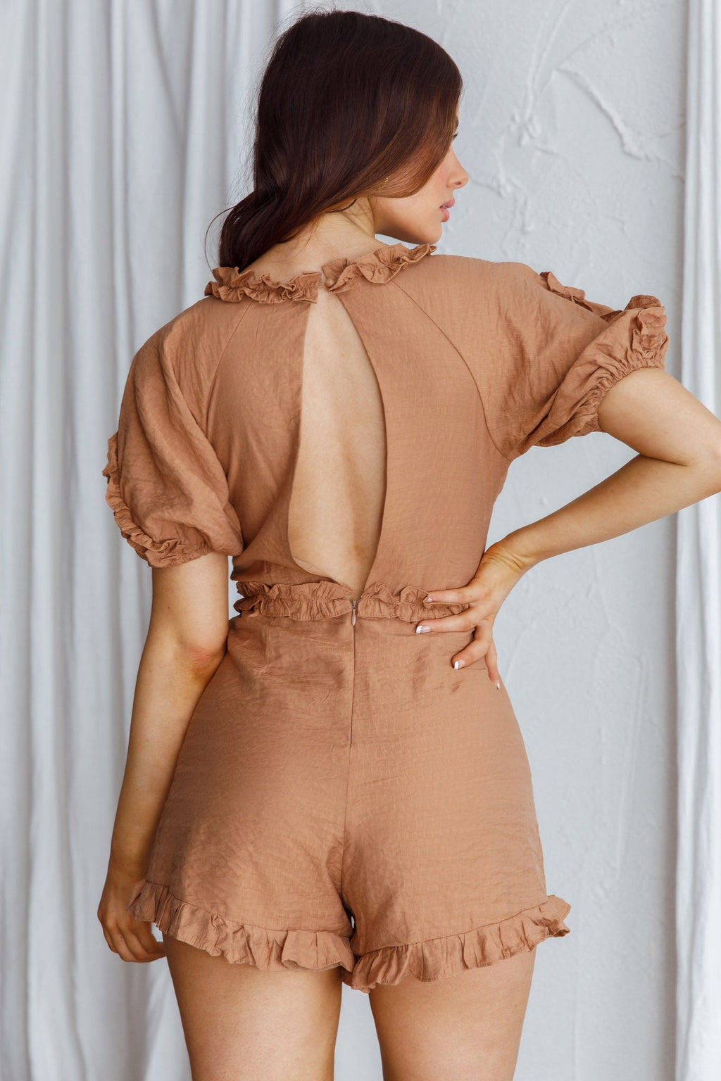 Galatia Frill Trim Puff Sleeve Romper Tan by Selfie Leslie