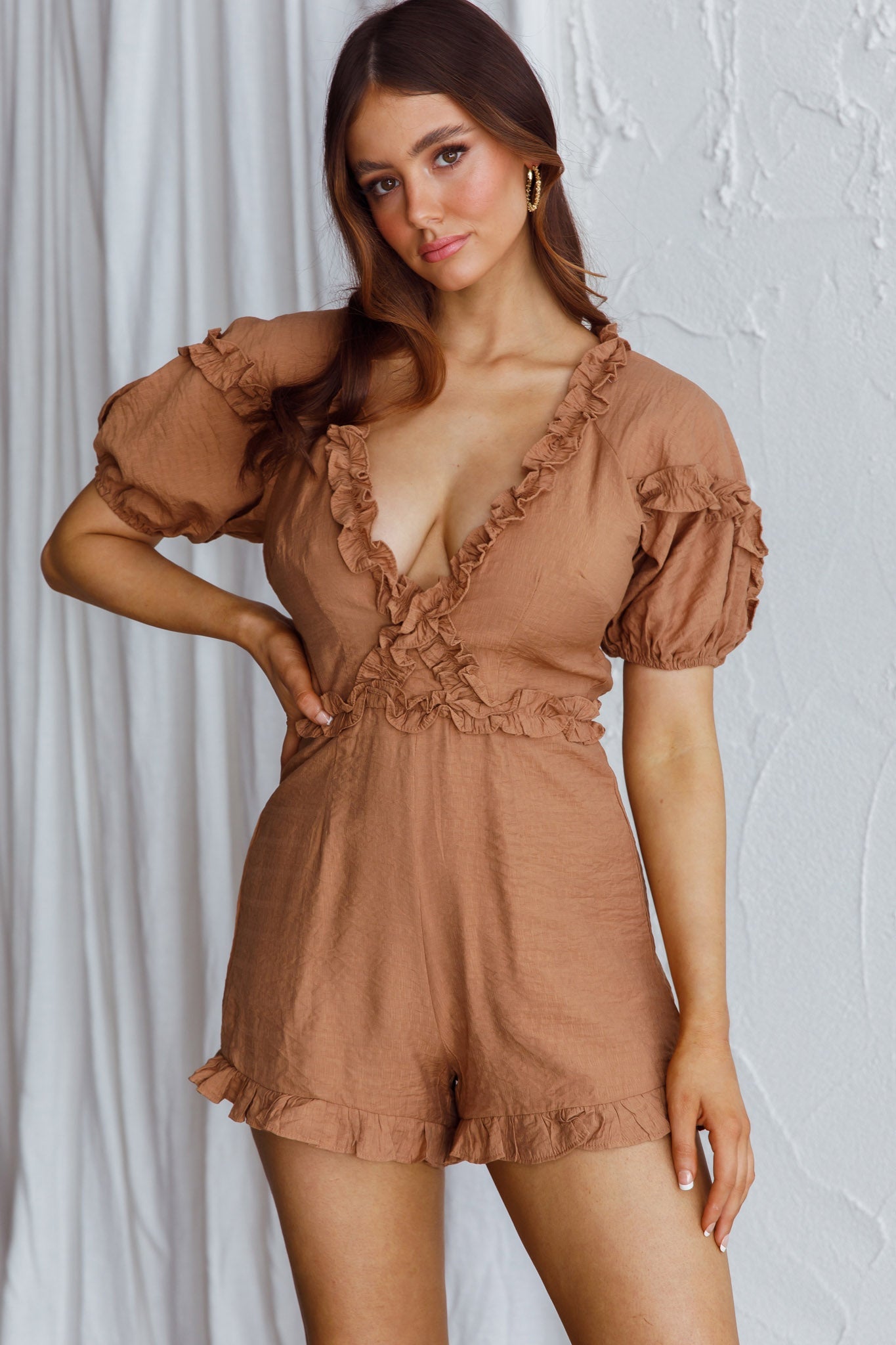 Galatia Frill Trim Puff Sleeve Romper Tan by Selfie Leslie
