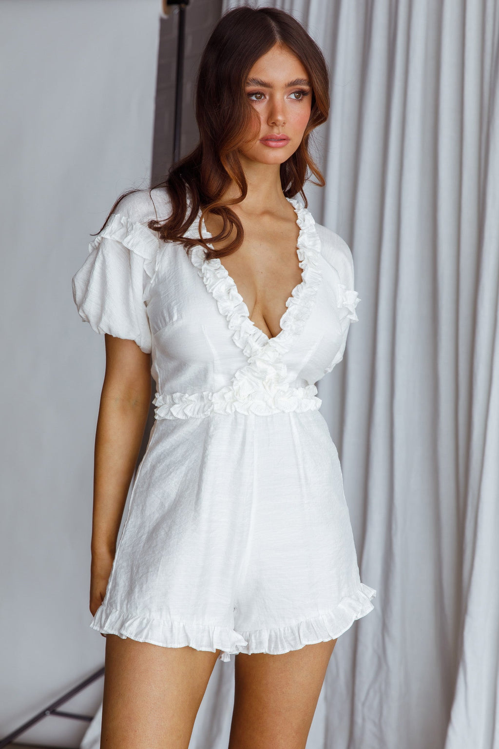 Galatia Frill Trim Puff Sleeve Romper White by Selfie Leslie