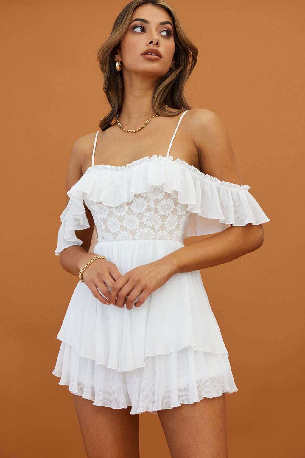 Darcy Ruffle Neckline Lace Bodice Romper White by Selfie Leslie