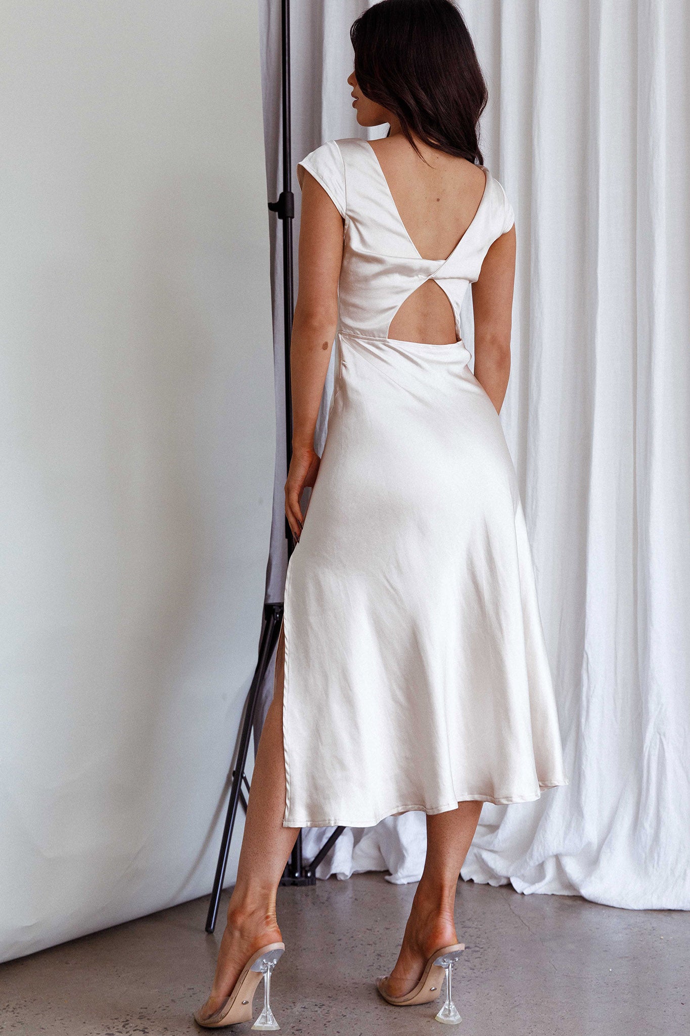 Lucinda Twist Back Midi Dress Champagne by Selfie Leslie Australia