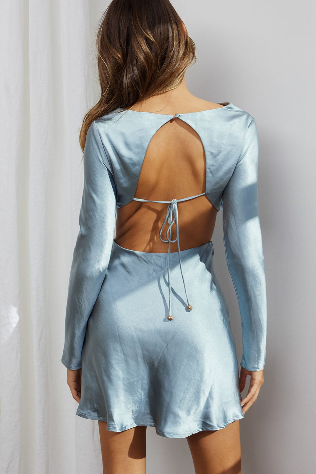 Northern Lights Long Sleeve Open Back Satin Mini Dress Blue by Selfie Leslie