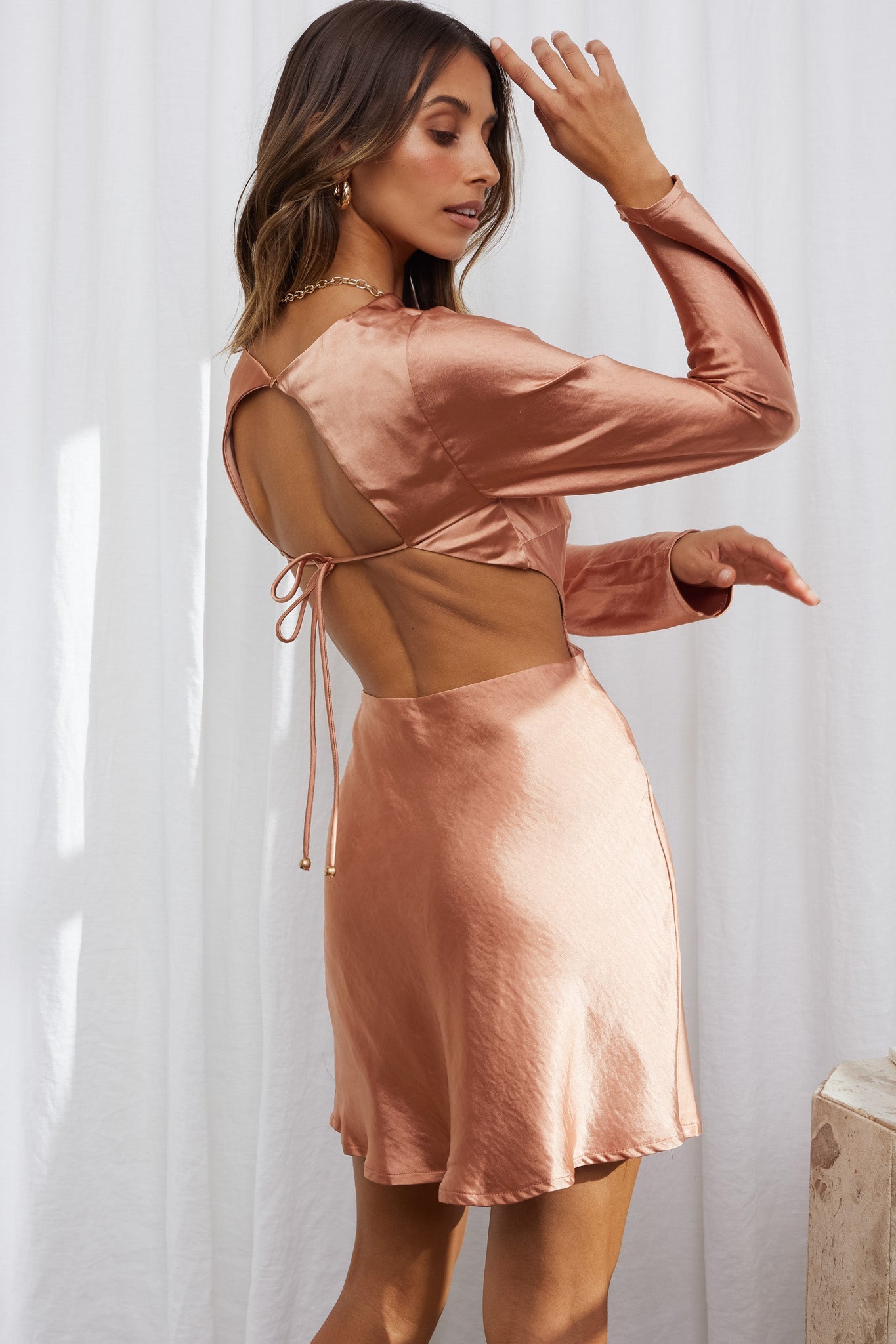 Northern Lights Long Sleeve Open Back Satin Mini Dress Bronze by Selfie Leslie