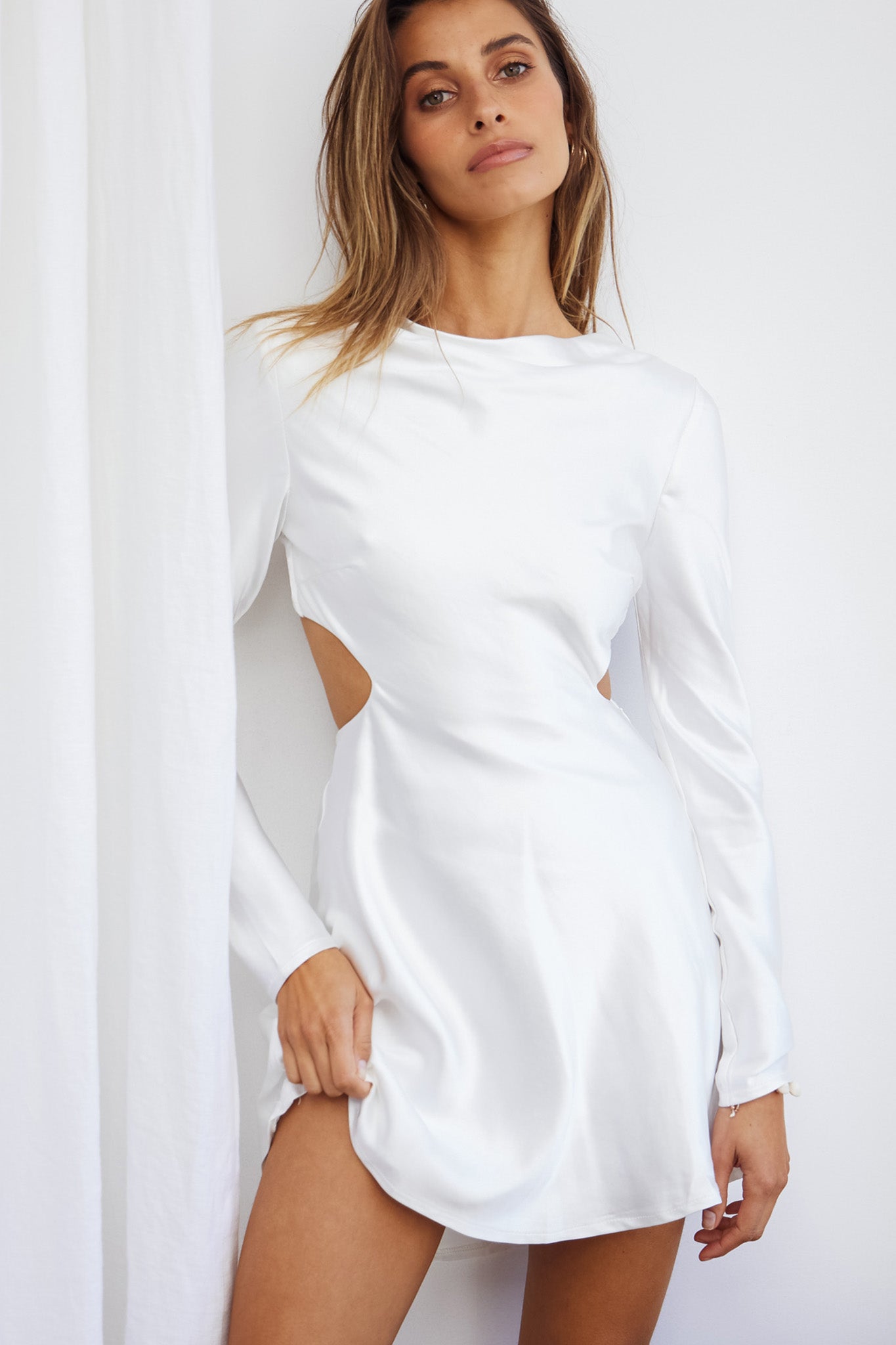 Northern Lights Long Sleeve Open Back Satin Mini Dress Ivory by Selfie Leslie