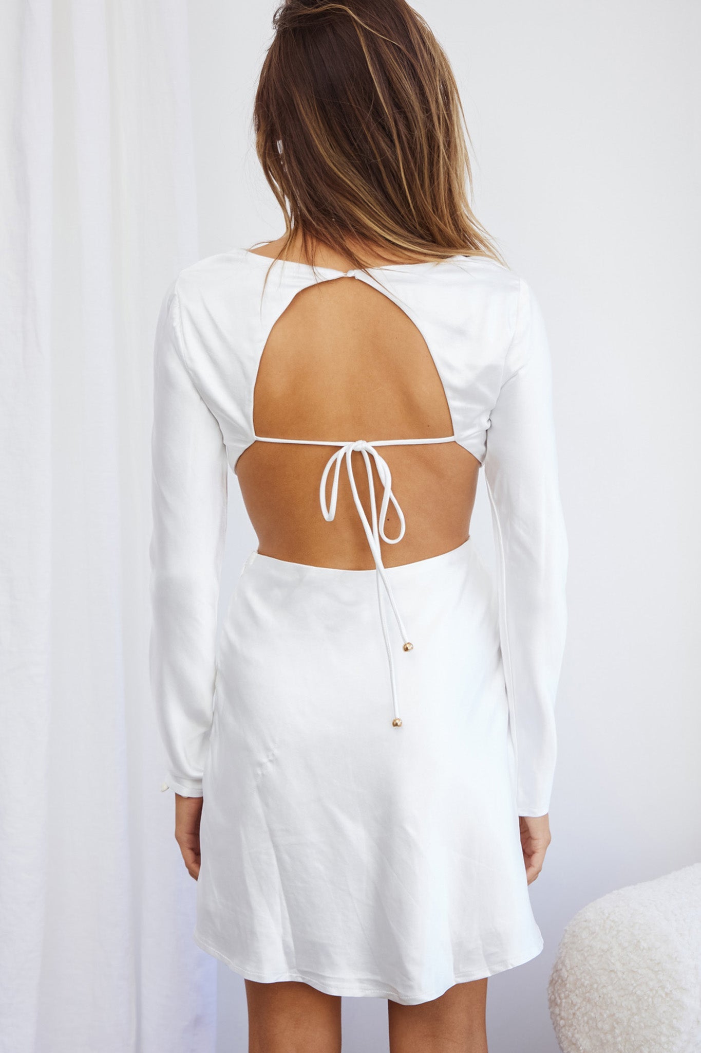 Northern Lights Long Sleeve Open Back Satin Mini Dress Ivory by Selfie Leslie