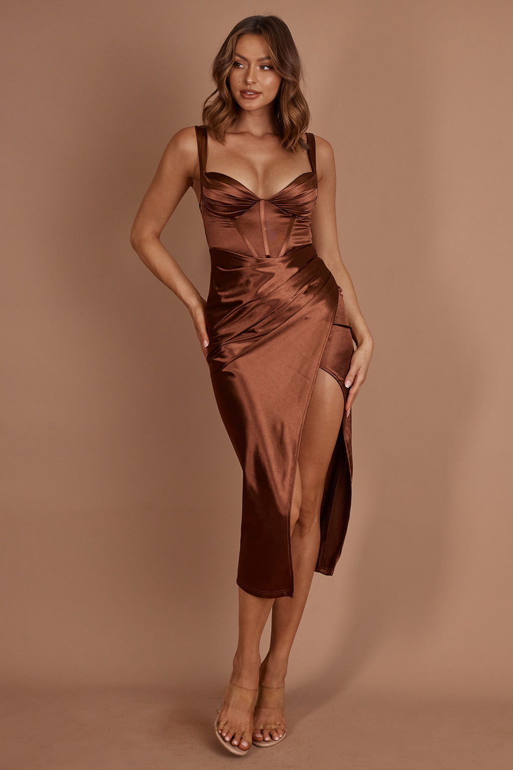 Whimsy Pleated Bust Midi Dress Chocolate by Selfie Leslie Australia