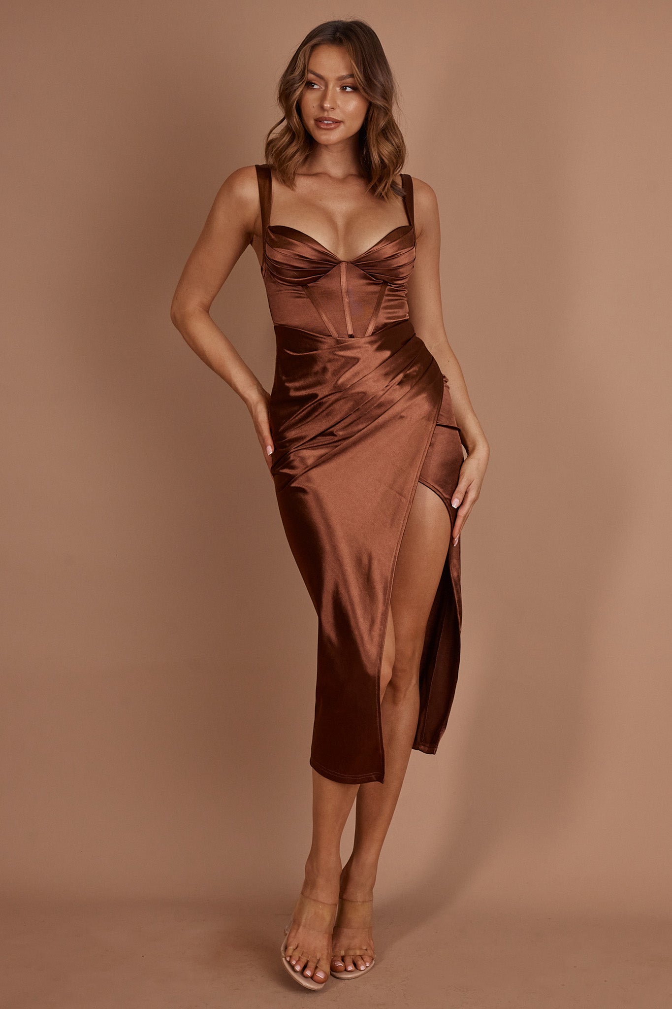 Whimsy Pleated Bust Midi Dress Chocolate by Selfie Leslie Australia