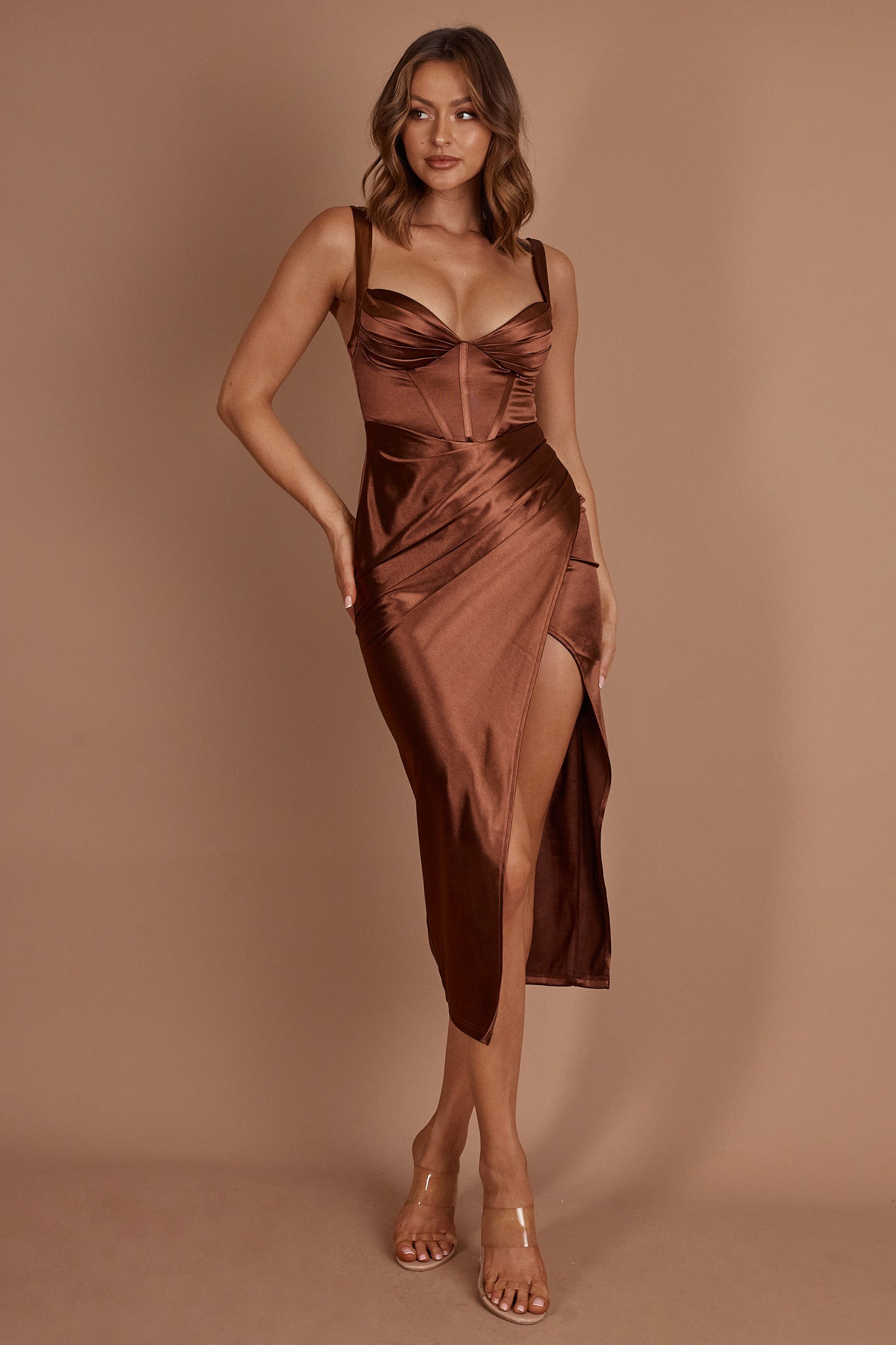 Whimsy Pleated Bust Midi Dress Chocolate by Selfie Leslie Australia