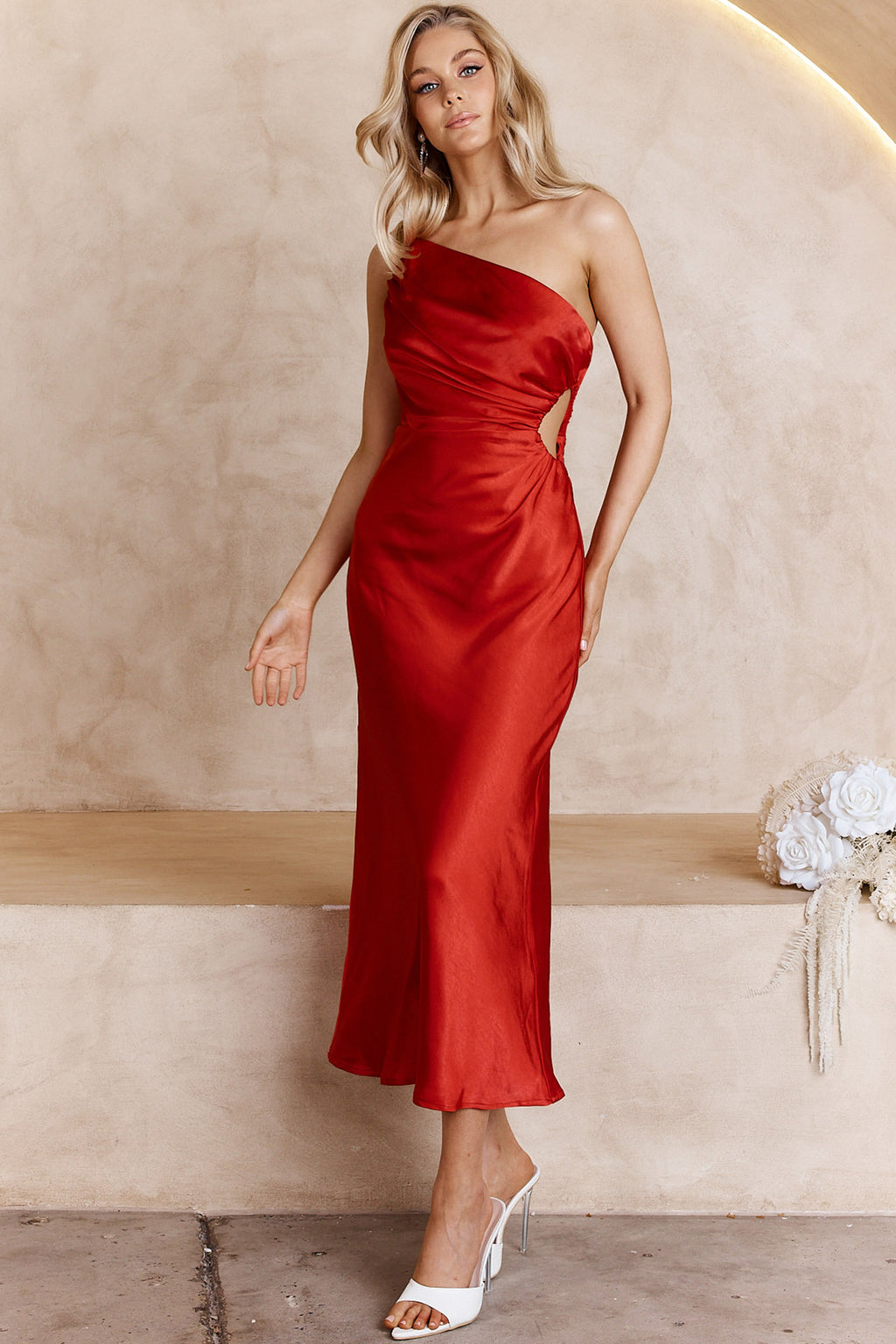 Taking Bets One Shoulder Satin Midi Dress Red by Selfie Leslie Australia