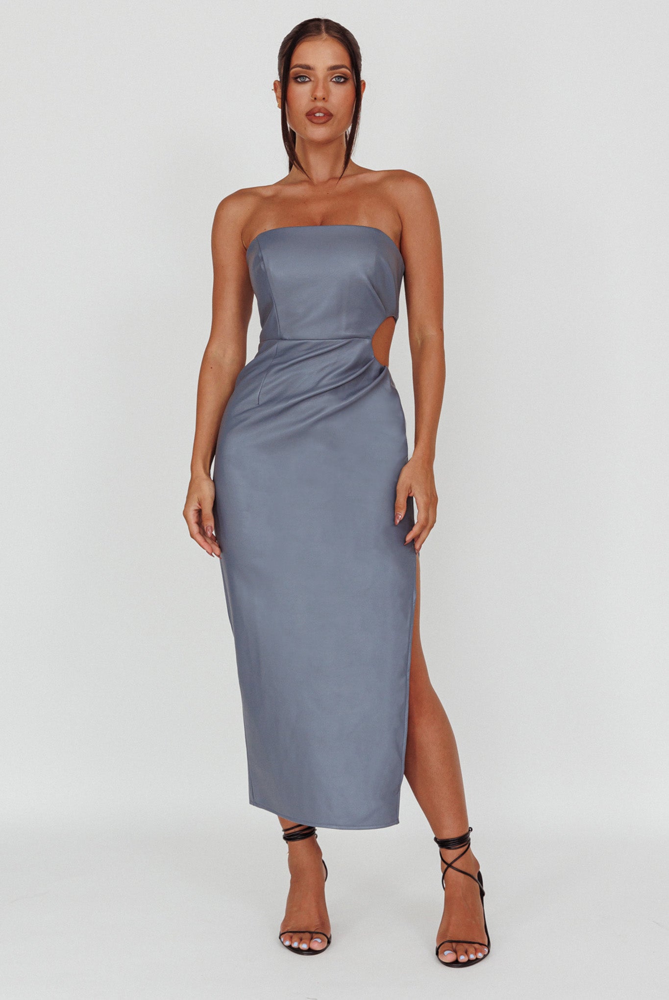 Taking Bets Strapless Midi Dress Leather Midnight Blue by Selfie Leslie Australia