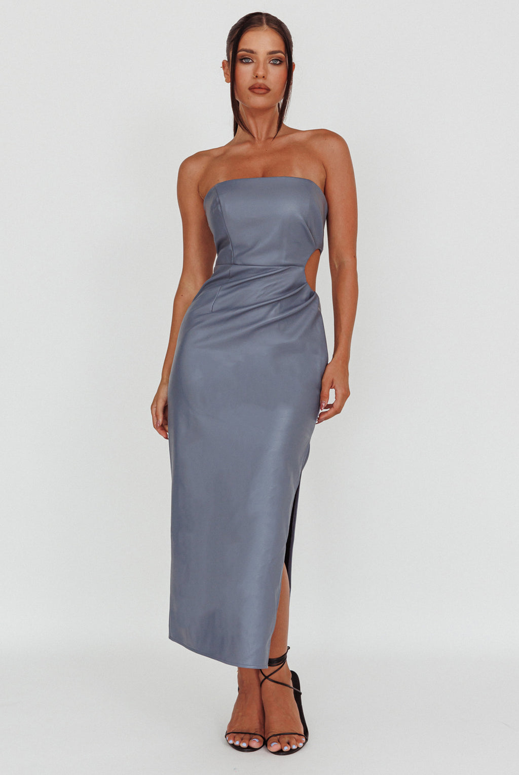 Taking Bets Strapless Midi Dress Leather Midnight Blue by Selfie Leslie Australia