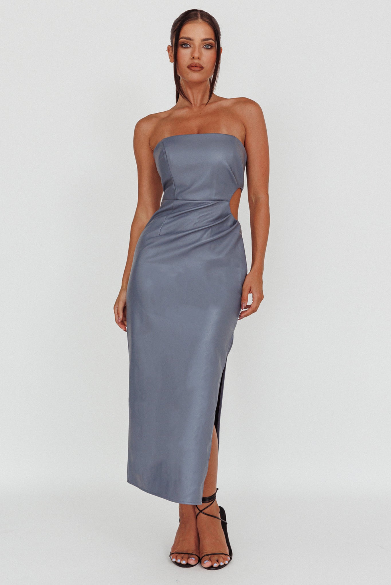 Taking Bets Strapless Midi Dress Leather Midnight Blue by Selfie Leslie Australia