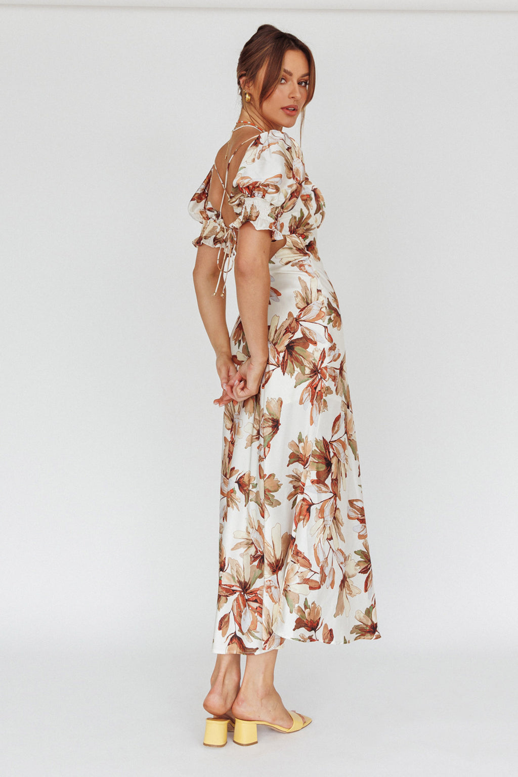 Brigita Tied Back Midi Dress Floral Brown by Selfie Leslie Australia
