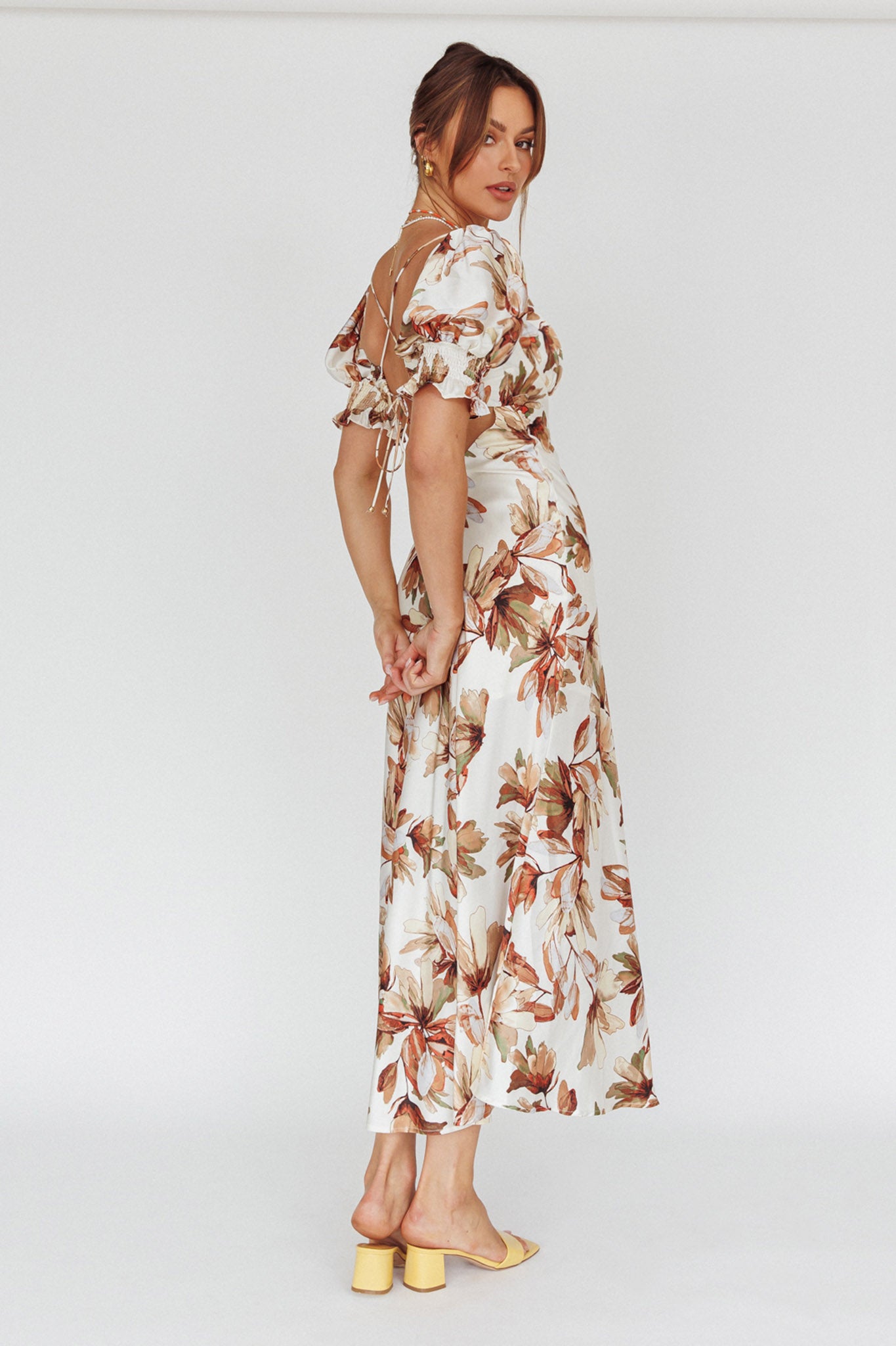 Brigita Tied Back Midi Dress Floral Brown by Selfie Leslie Australia