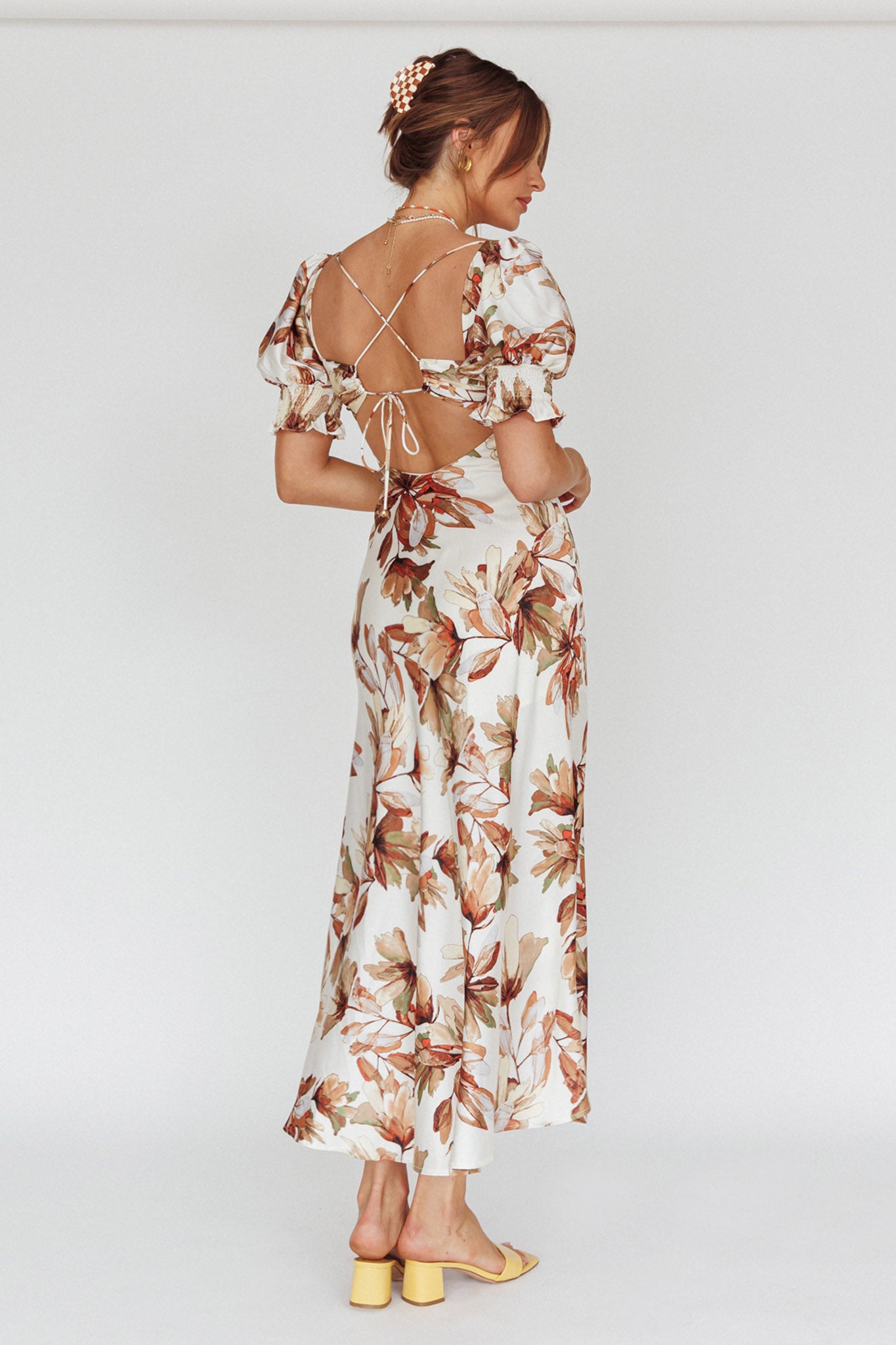 Brigita Tied Back Midi Dress Floral Brown by Selfie Leslie Australia