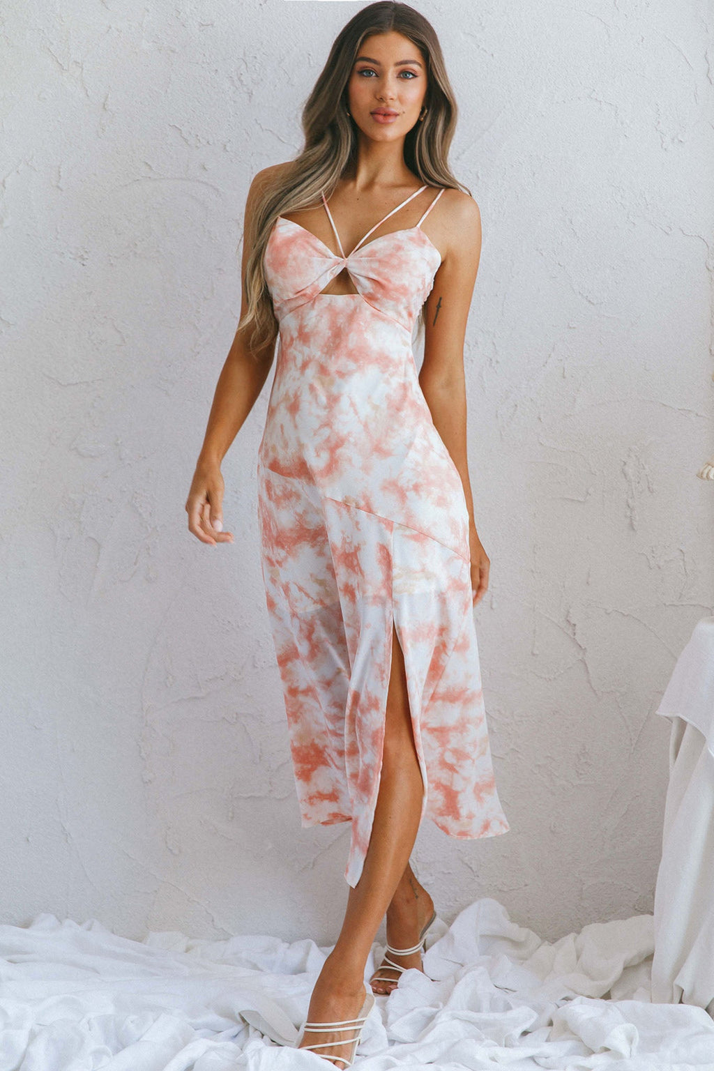 She Reigns Twist Bust Split Midi Dress Tie Dye Pink by Selfie Leslie