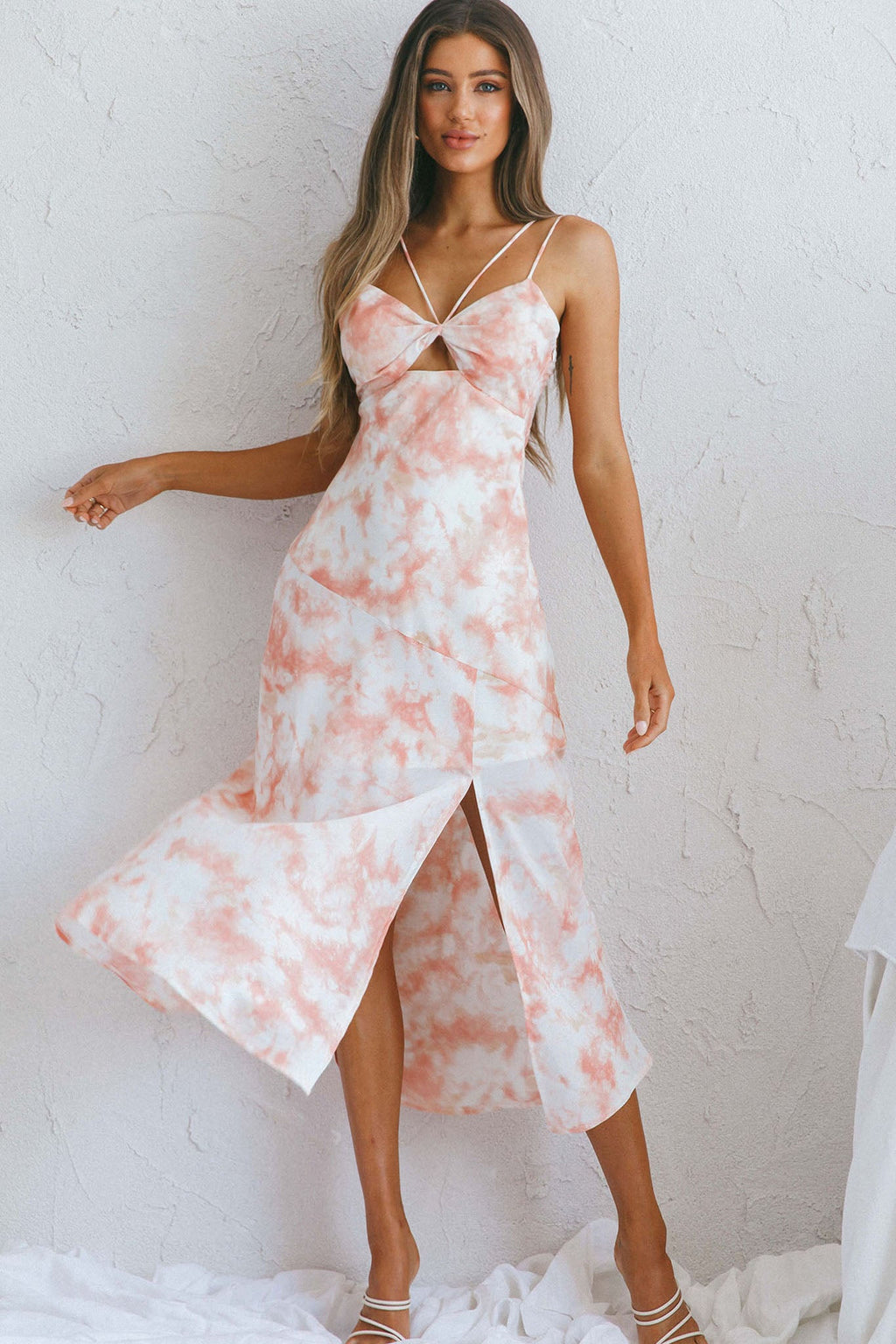She Reigns Twist Bust Split Midi Dress Tie Dye Pink by Selfie Leslie