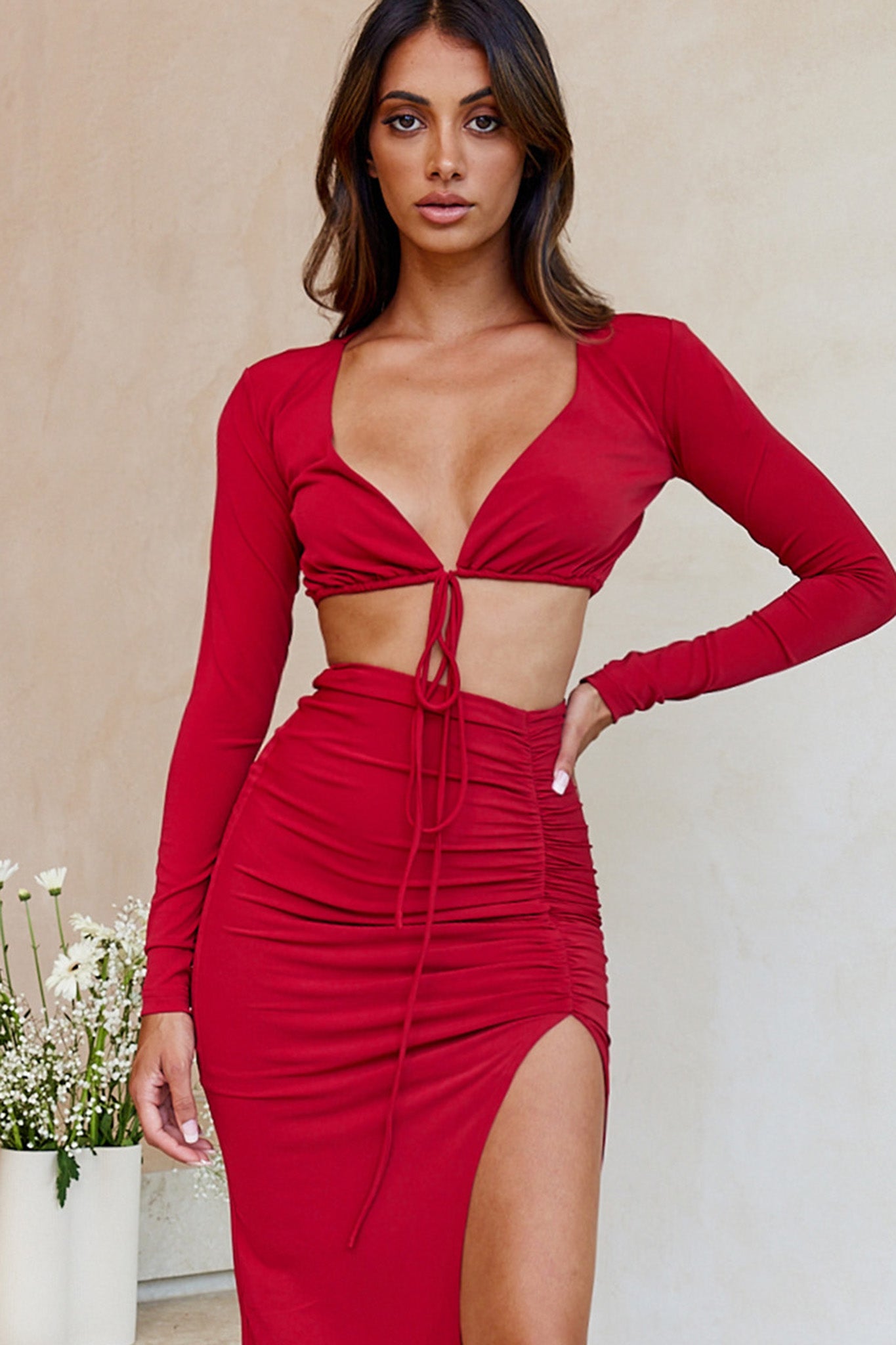 Manhattan Nights Long Sleeve String Tie-Up Crop Top Wine by Selfie Leslie