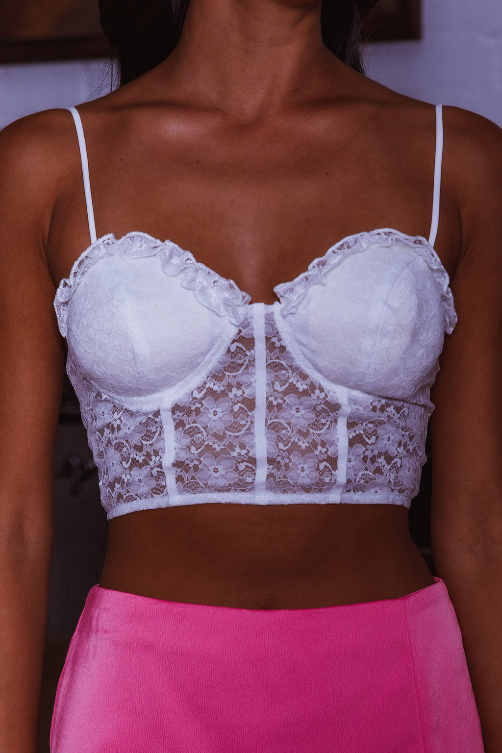 Maryann Frill & Lace Bustier Top White by Selfie Leslie