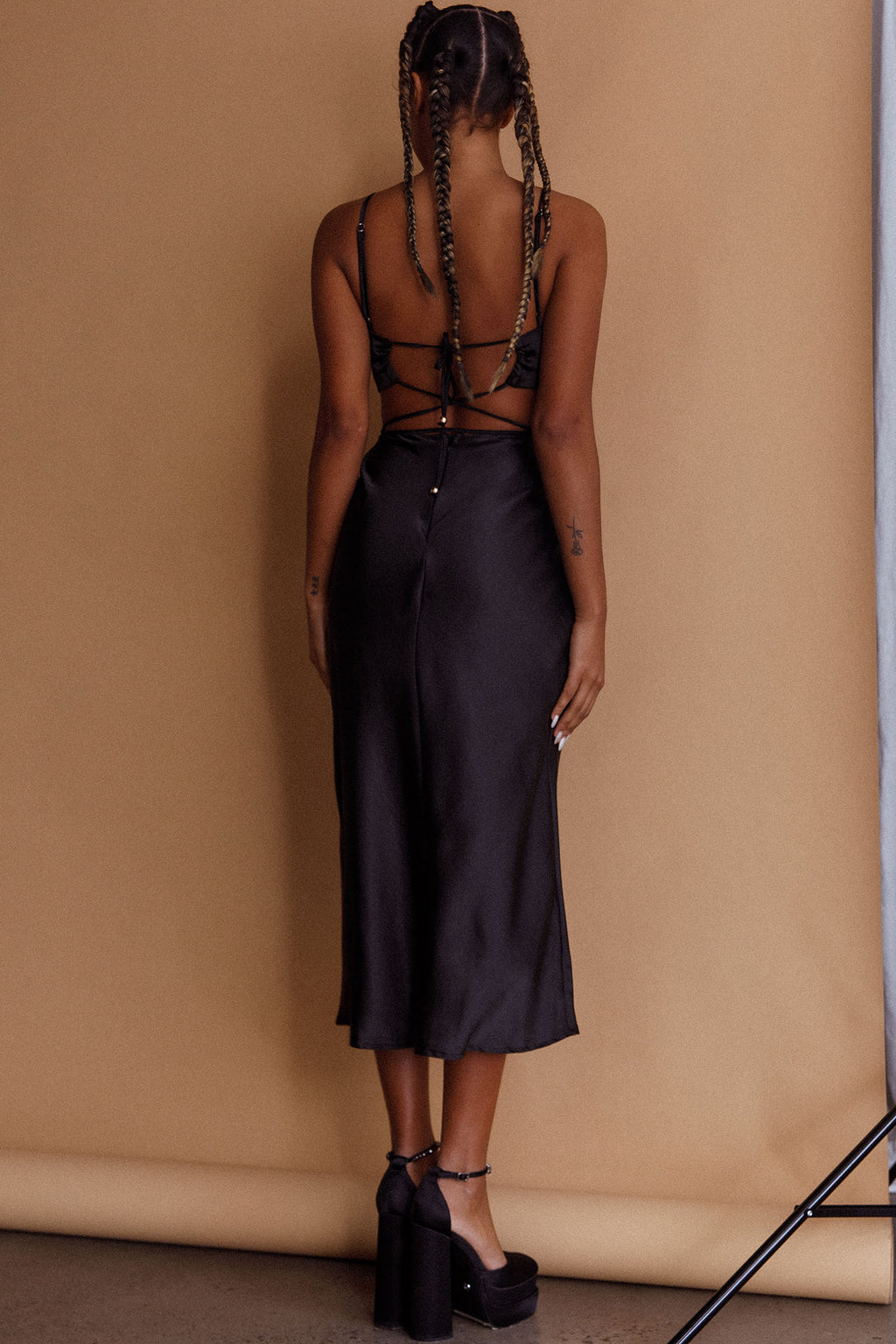 City Lights Cut-Out Waist Strappy Back Midi Dress Black by Selfie Leslie