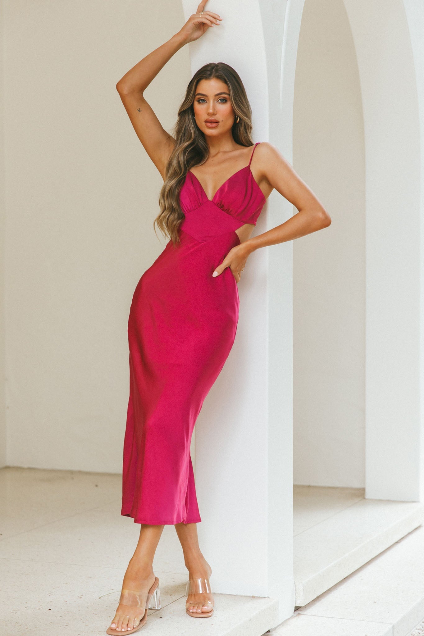 City Lights Cut-Out Waist Strappy Back Midi Dress Fuchsia by Selfie Leslie