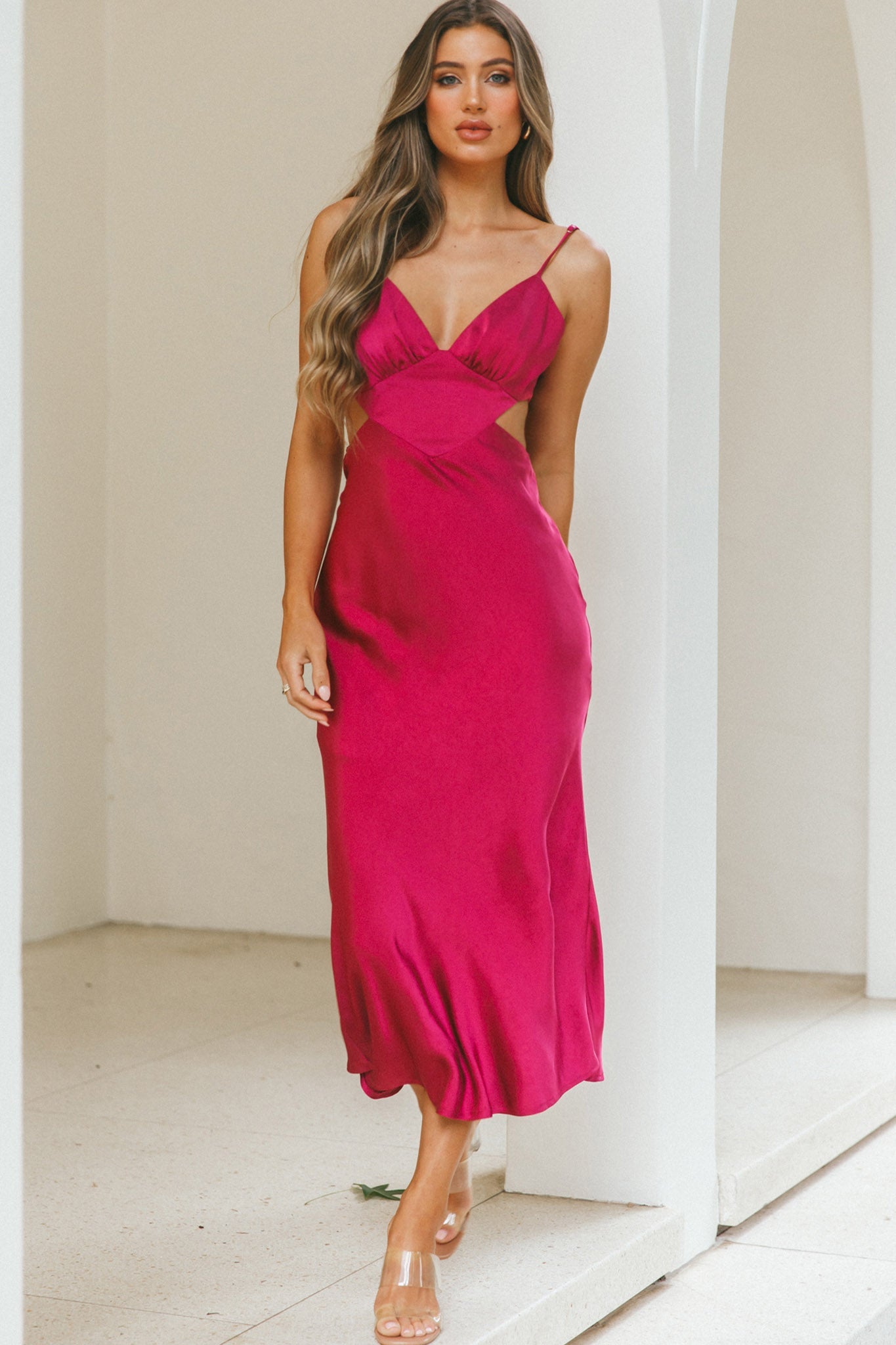 City Lights Cut-Out Waist Strappy Back Midi Dress Fuchsia by Selfie Leslie
