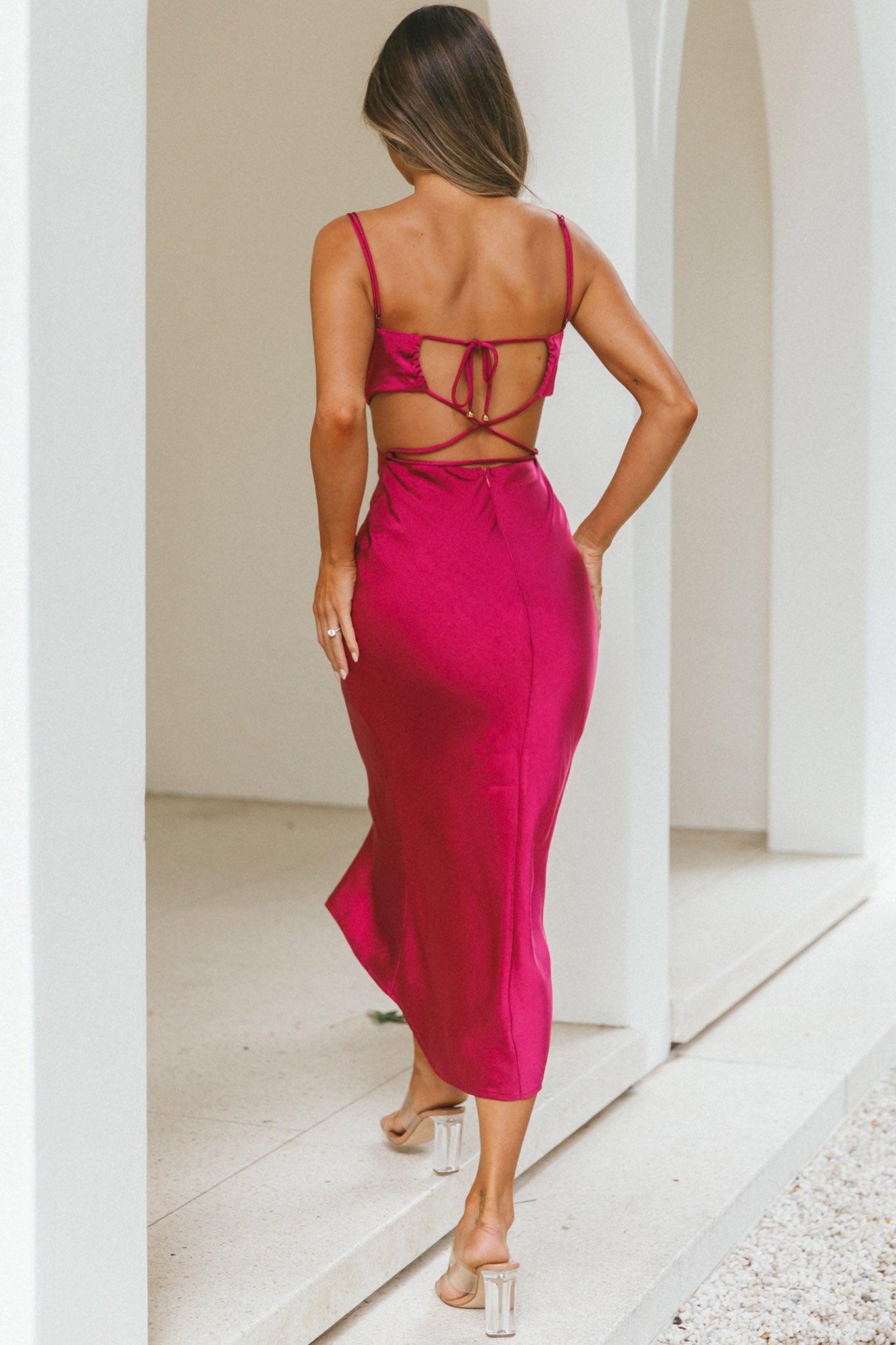 City Lights Cut-Out Waist Strappy Back Midi Dress Fuchsia by Selfie Leslie