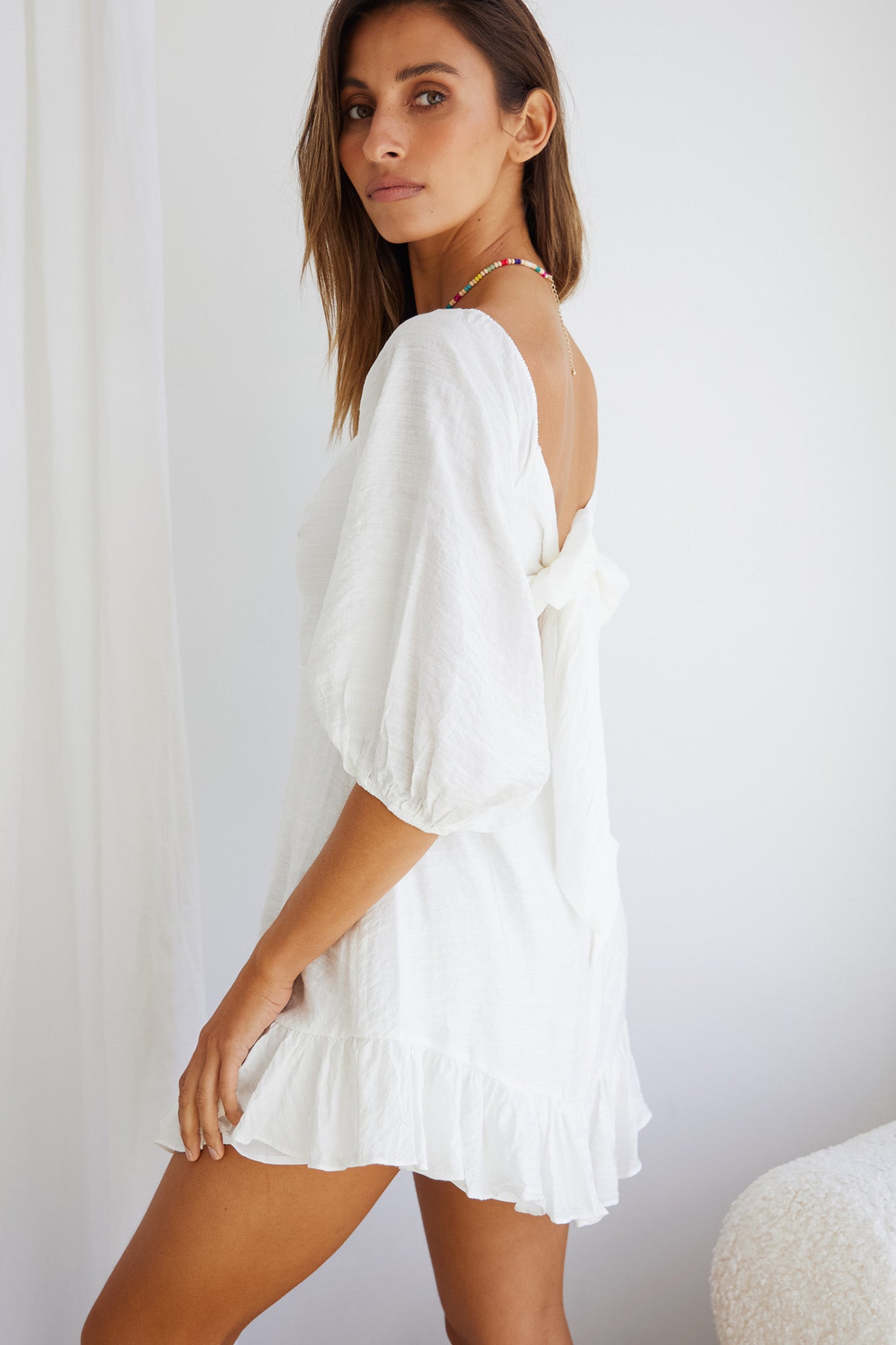 Picture This Three Quarter Sleeve Cut-Out Bust Mini Dress White by Selfie Leslie