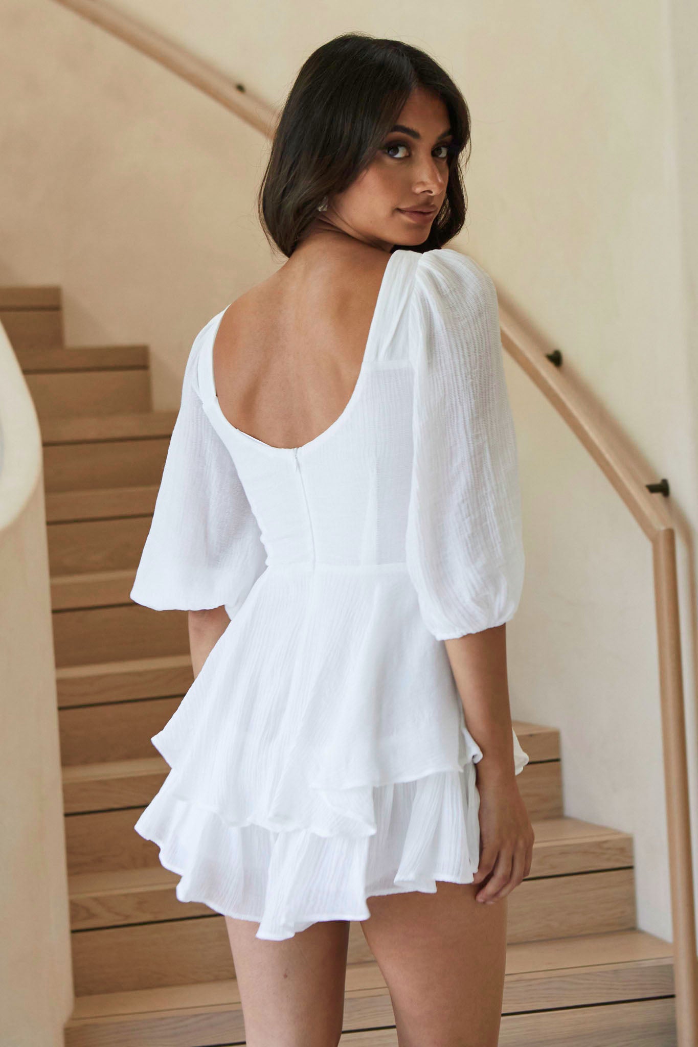 Picture This Three Quarter Sleeve Cut-Out Bust Romper White by Selfie Leslie
