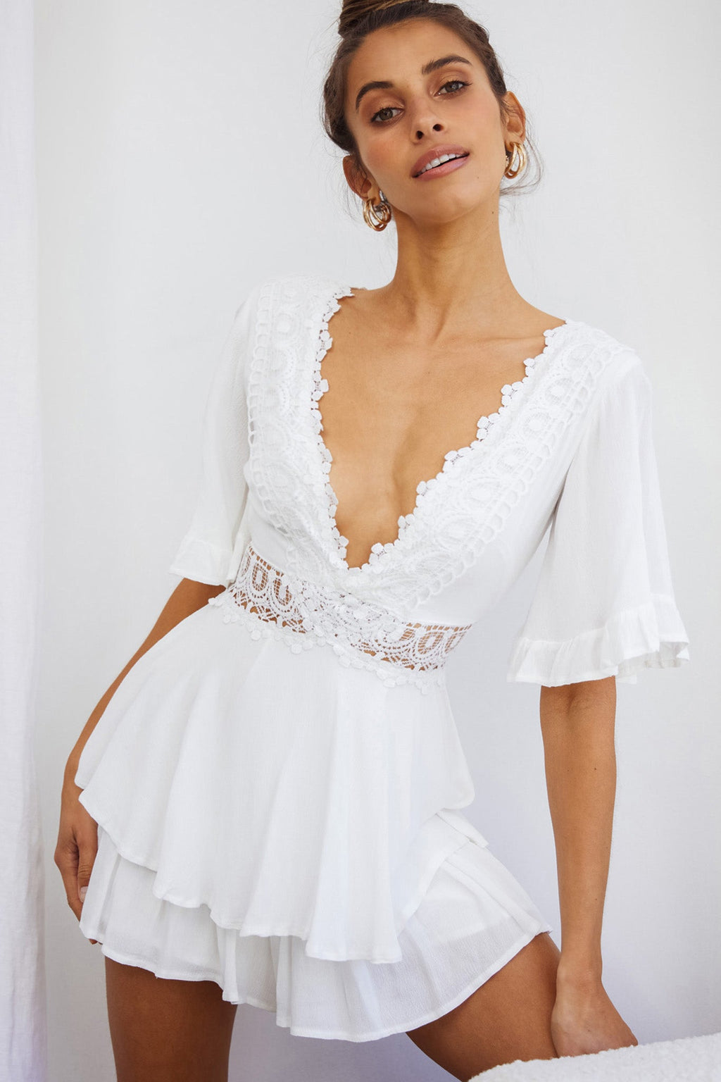 Lillian Crochet Lace Trim Flounce Hem Romper White by Selfie Leslie