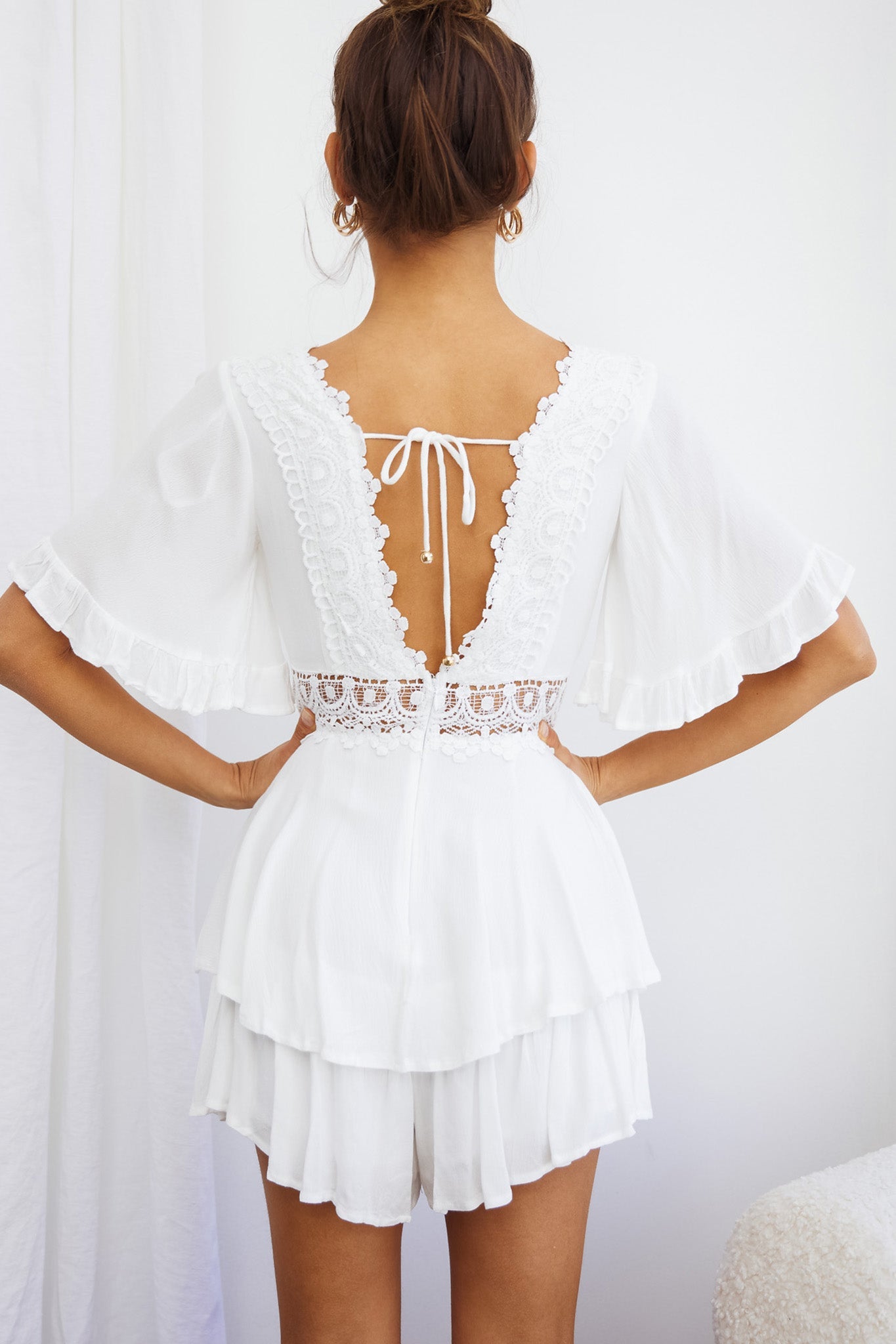 Lillian Crochet Lace Trim Flounce Hem Romper White by Selfie Leslie