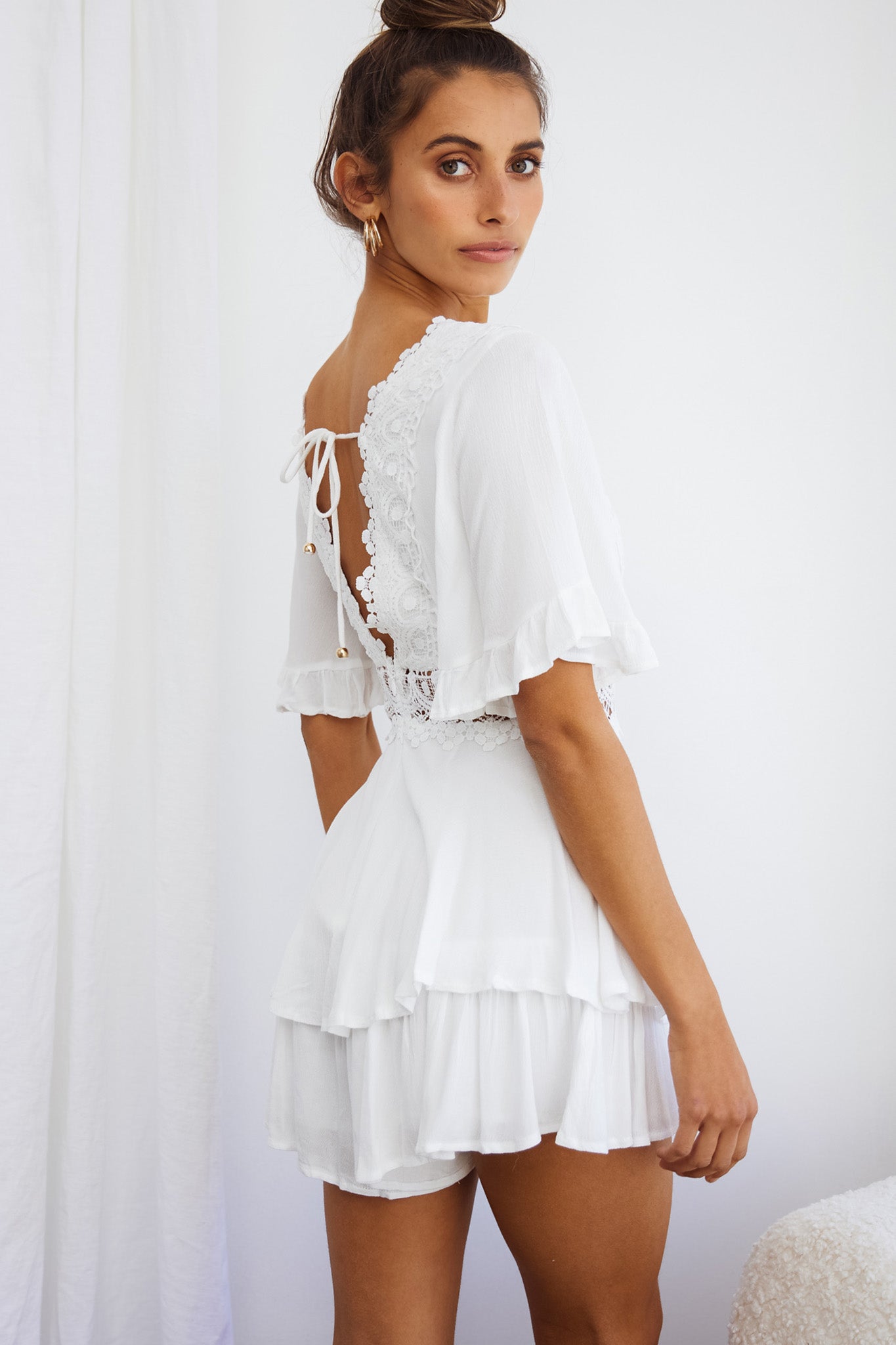 Lillian Crochet Lace Trim Flounce Hem Romper White by Selfie Leslie