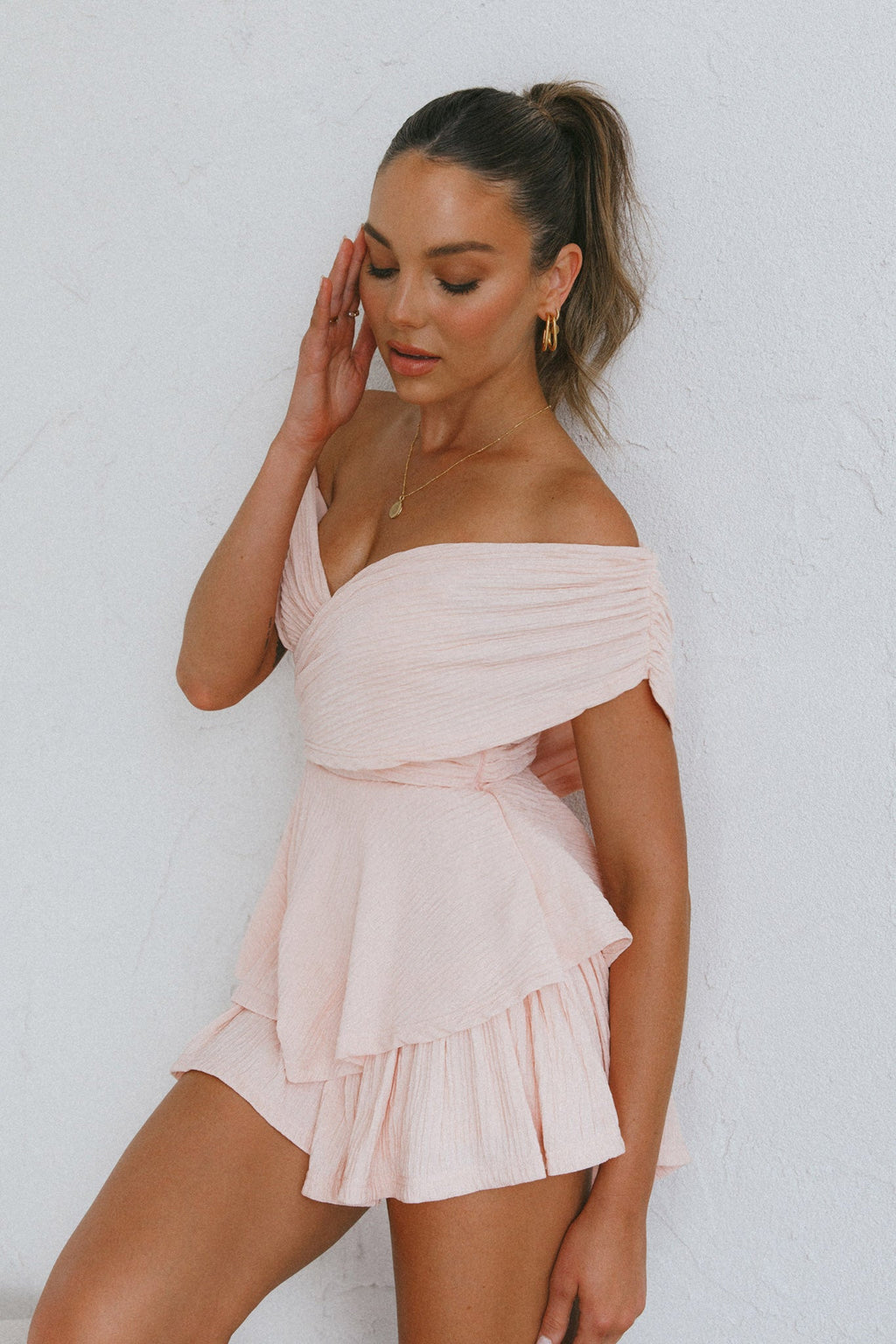 Glory Crossover Bust Layered Hem Romper Blush by Selfie Leslie