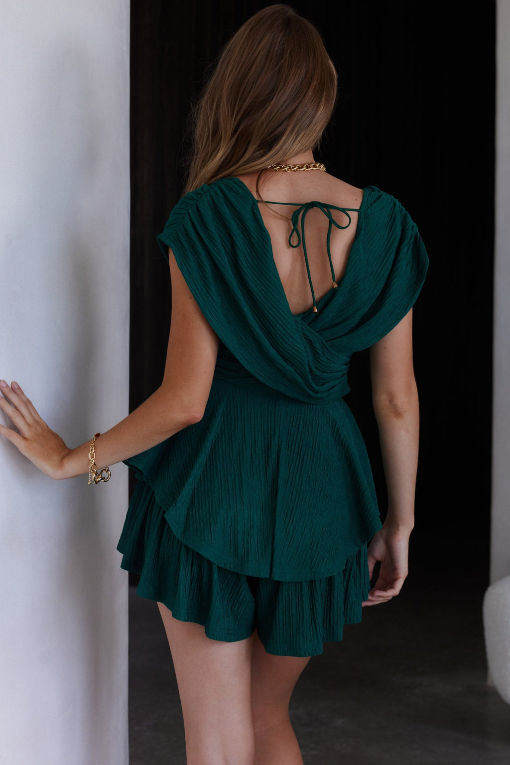 Glory Crossover Bust Layered Hem Romper Forest Green by Selfie Leslie