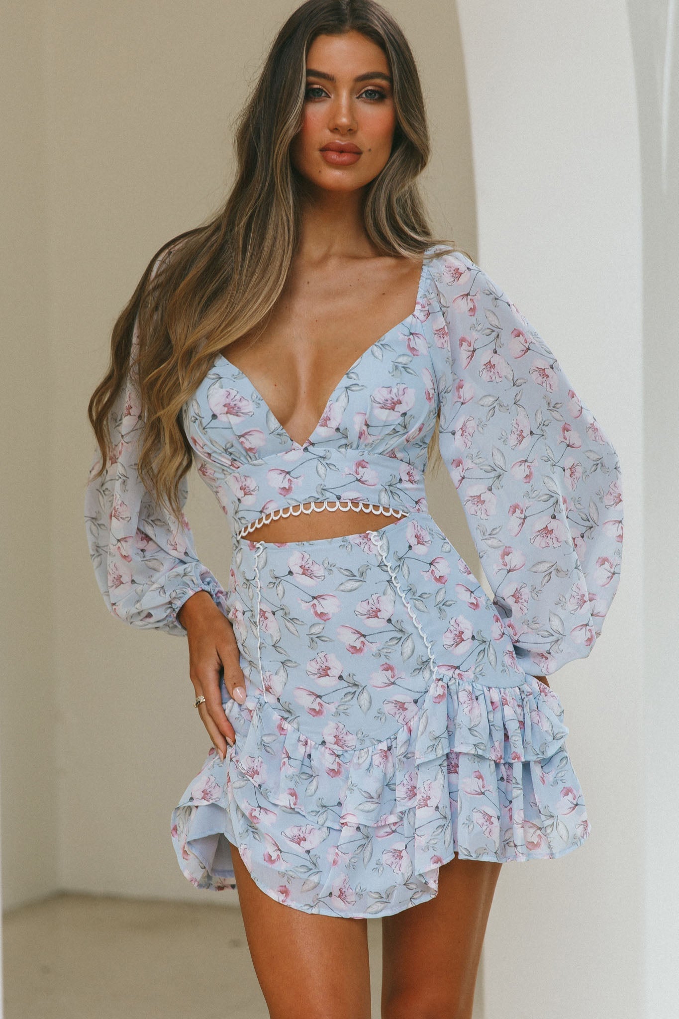 Dearly Beloved Balloon Sleeve Layered Frill Hem Dress Flower Print Blue by Selfie Leslie