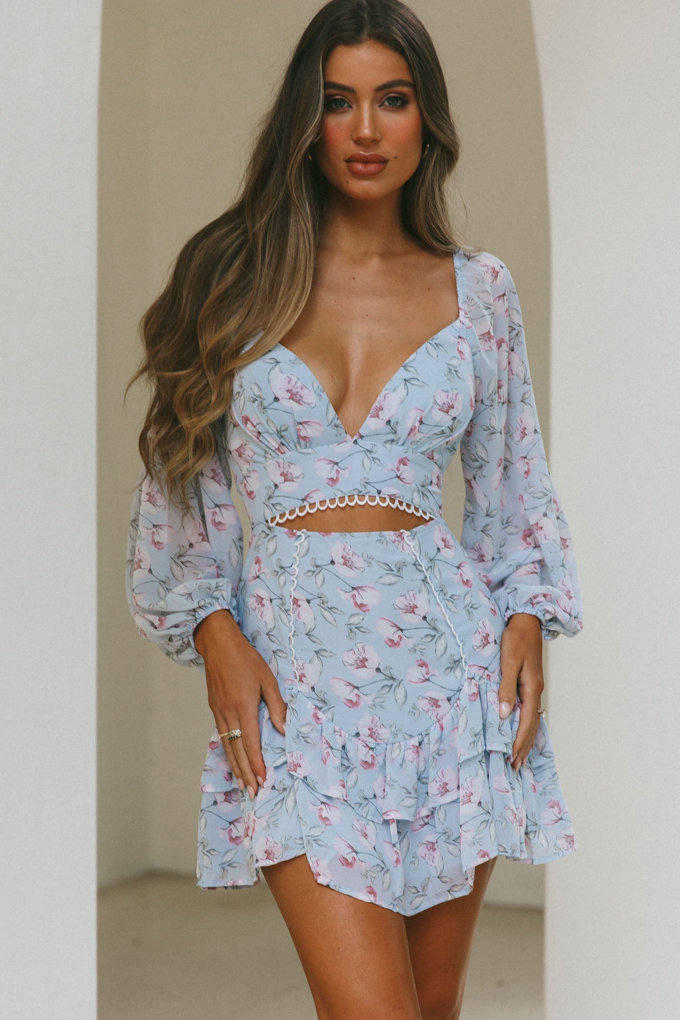 Dearly Beloved Balloon Sleeve Layered Frill Hem Dress Flower Print Blue by Selfie Leslie