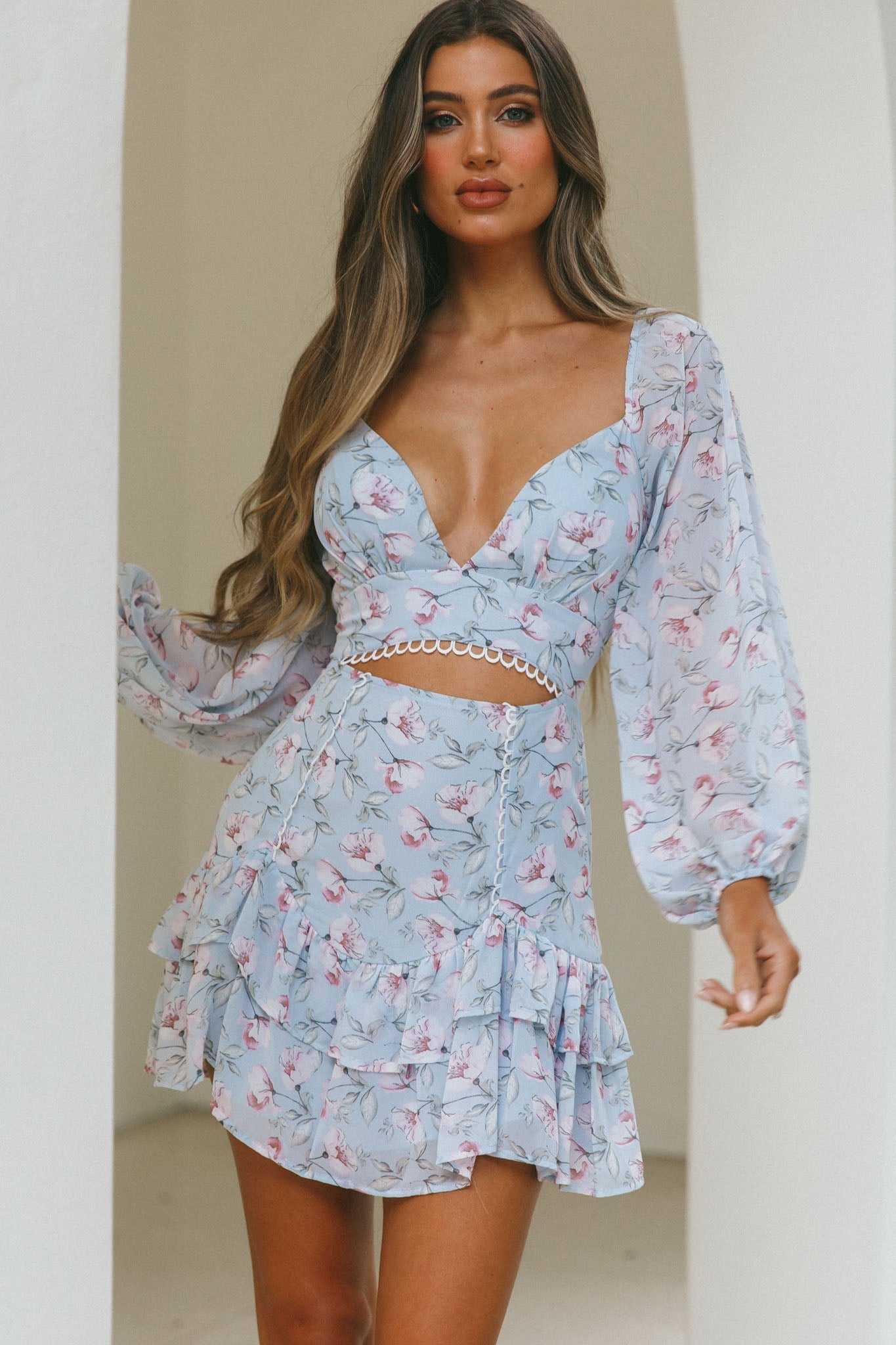 Dearly Beloved Balloon Sleeve Layered Frill Hem Dress Flower Print Blue by Selfie Leslie