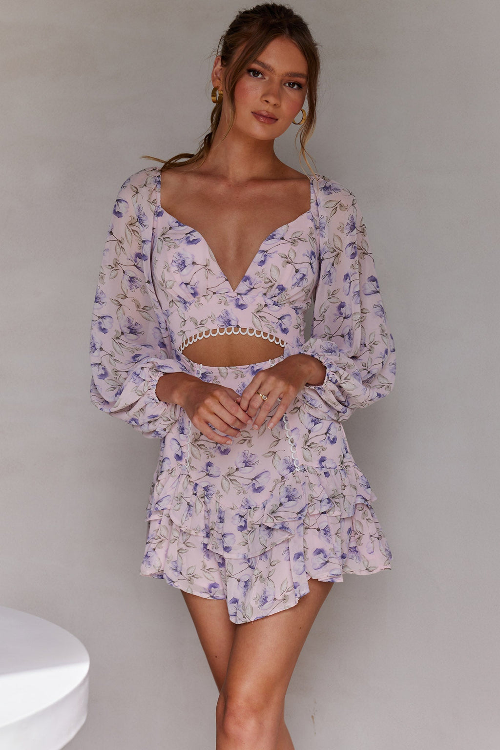 Dearly Beloved Balloon Sleeve Layered Frill Hem Dress Flower Print Blush by Selfie Leslie