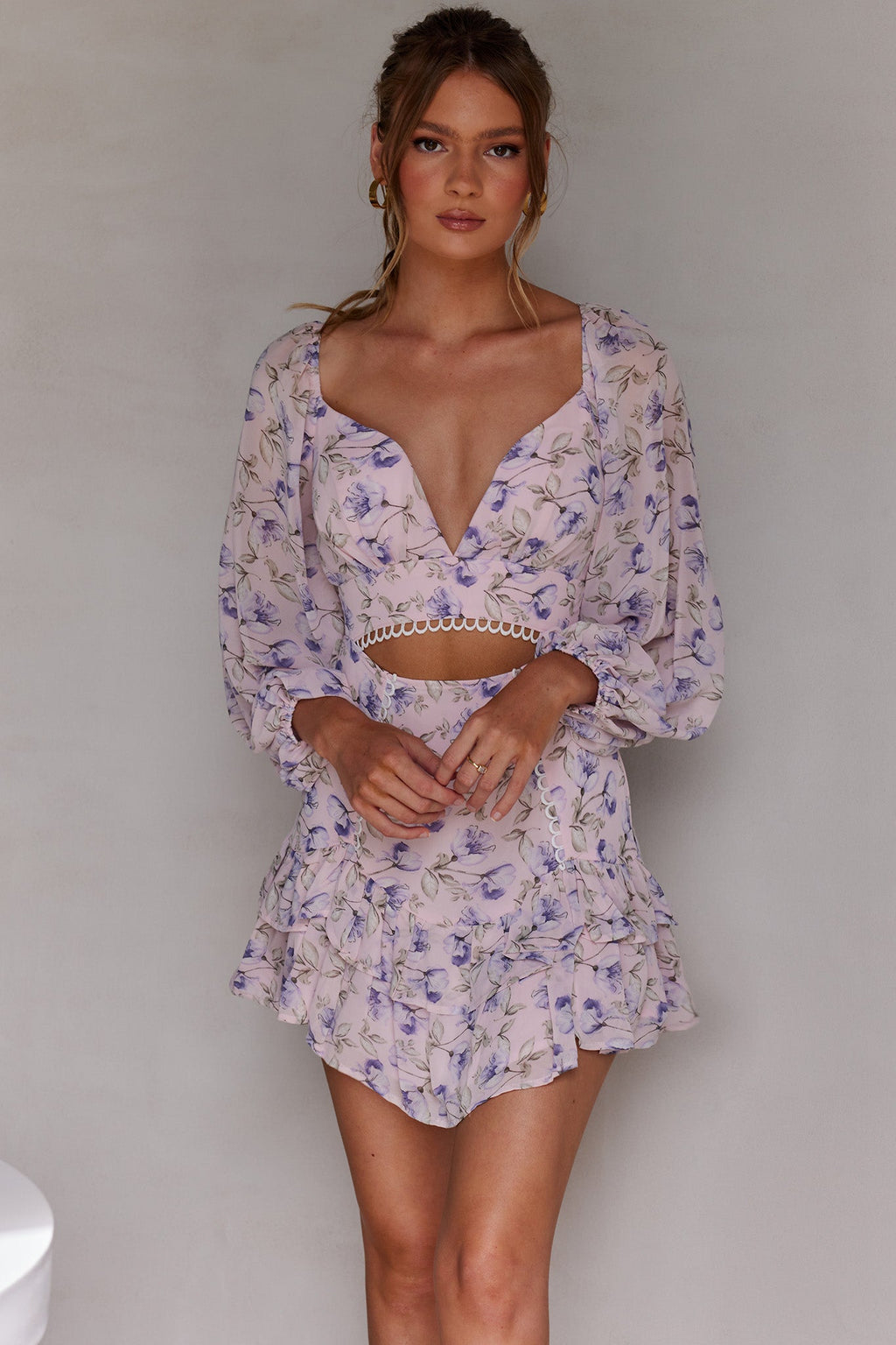 Dearly Beloved Balloon Sleeve Layered Frill Hem Dress Flower Print Blush by Selfie Leslie
