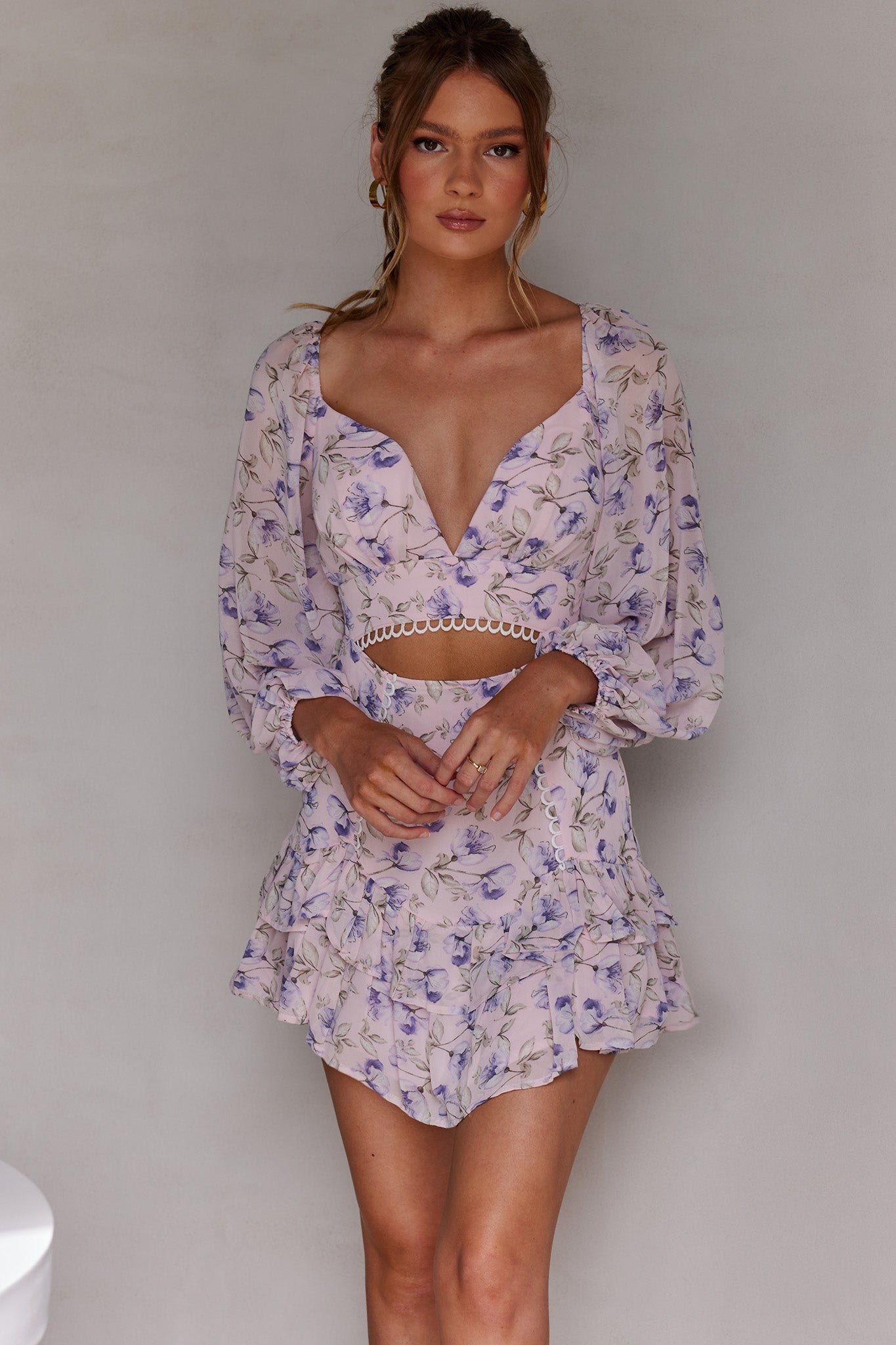 Dearly Beloved Balloon Sleeve Layered Frill Hem Dress Flower Print Blush by Selfie Leslie