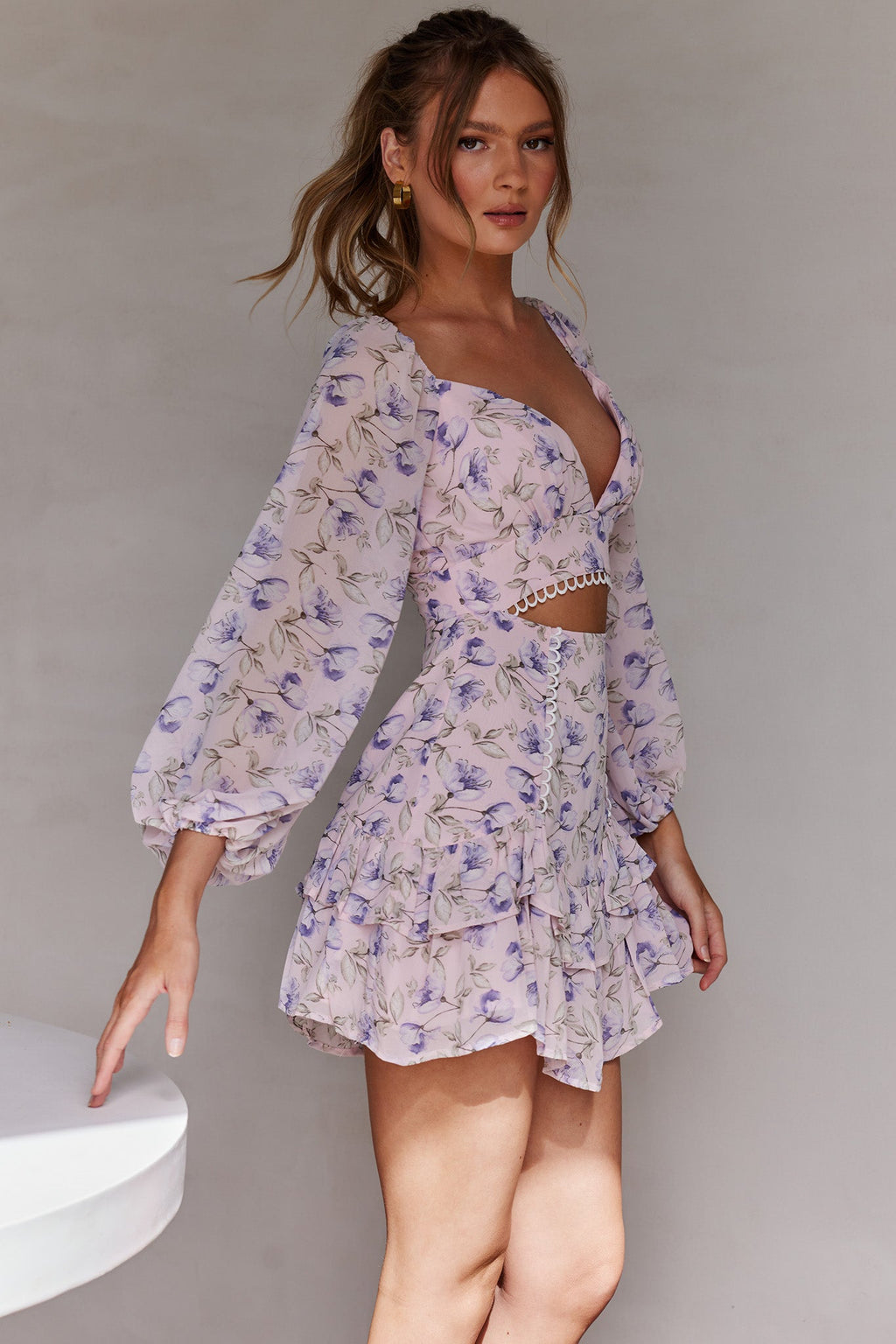 Dearly Beloved Balloon Sleeve Layered Frill Hem Dress Flower Print Blush by Selfie Leslie