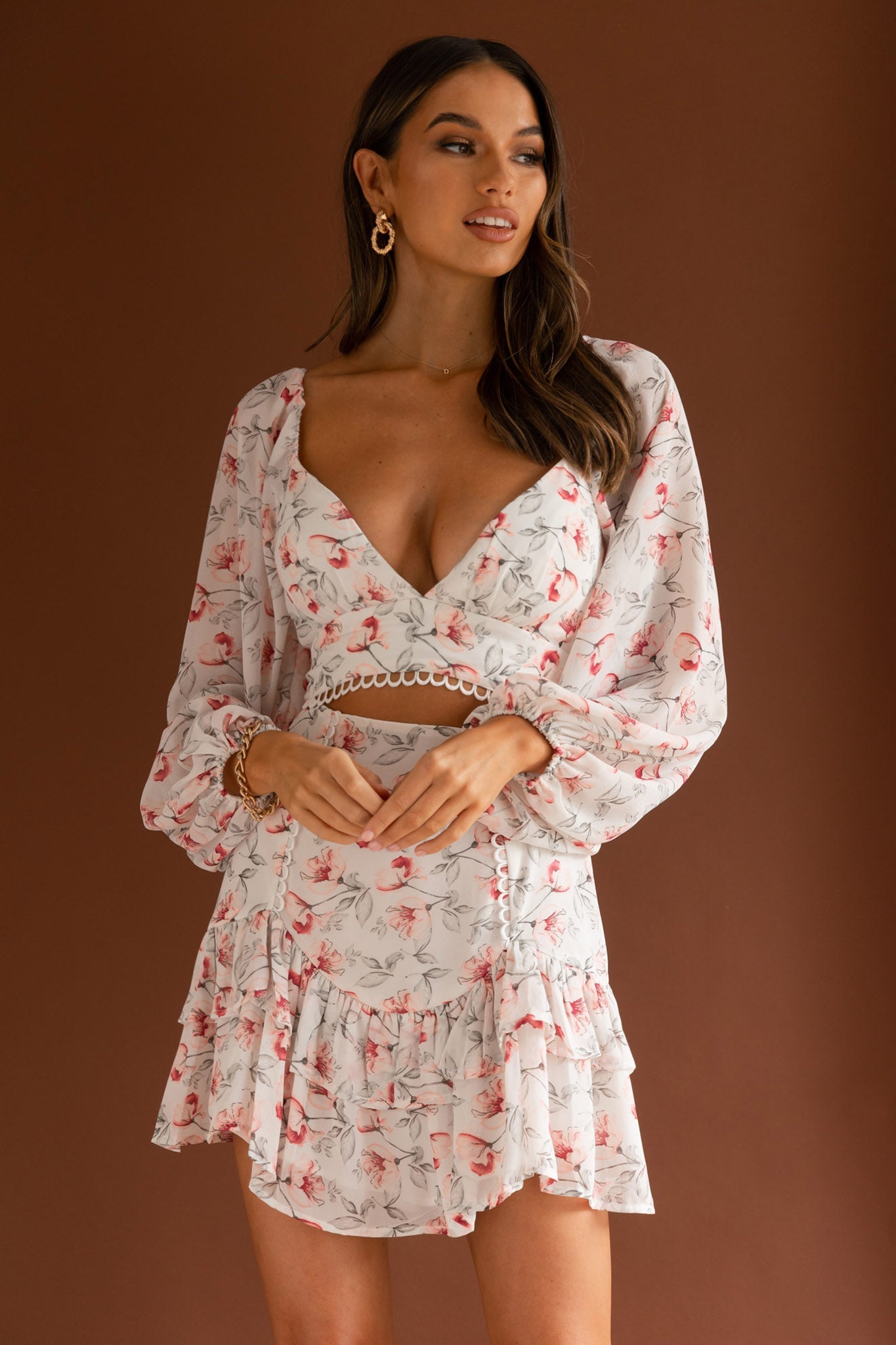 Dearly Beloved Balloon Sleeve Layered Frill Hem Dress Flower Print White by Selfie Leslie